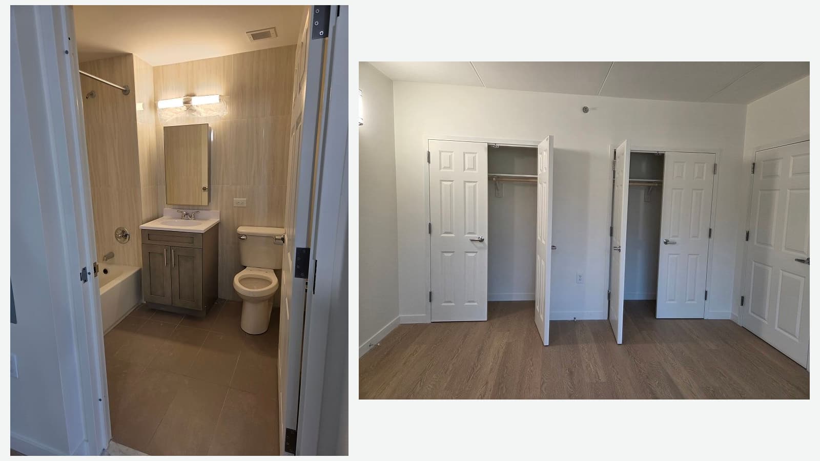 Two photographs side by side: at left a bathroom seen through an open door, with a tub and shower rod, a gray wood vanity, a mirror cabinet, a light bar still in its plastic wrap and a toilet on dark floor tile; at right an empty bedroom with wood-look floors and two closets with open white doors and hanging rods