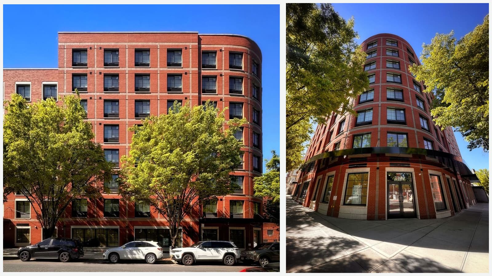 Two photographs side by side: at left the long red brick front of the building seen straight on, eight stories with a grid of light gray trim and a rounded end, trees and parked cars in front; at right the rounded corner seen from the sidewalk with a wide-angle lens, a glass entrance door marked 872 under a black canopy