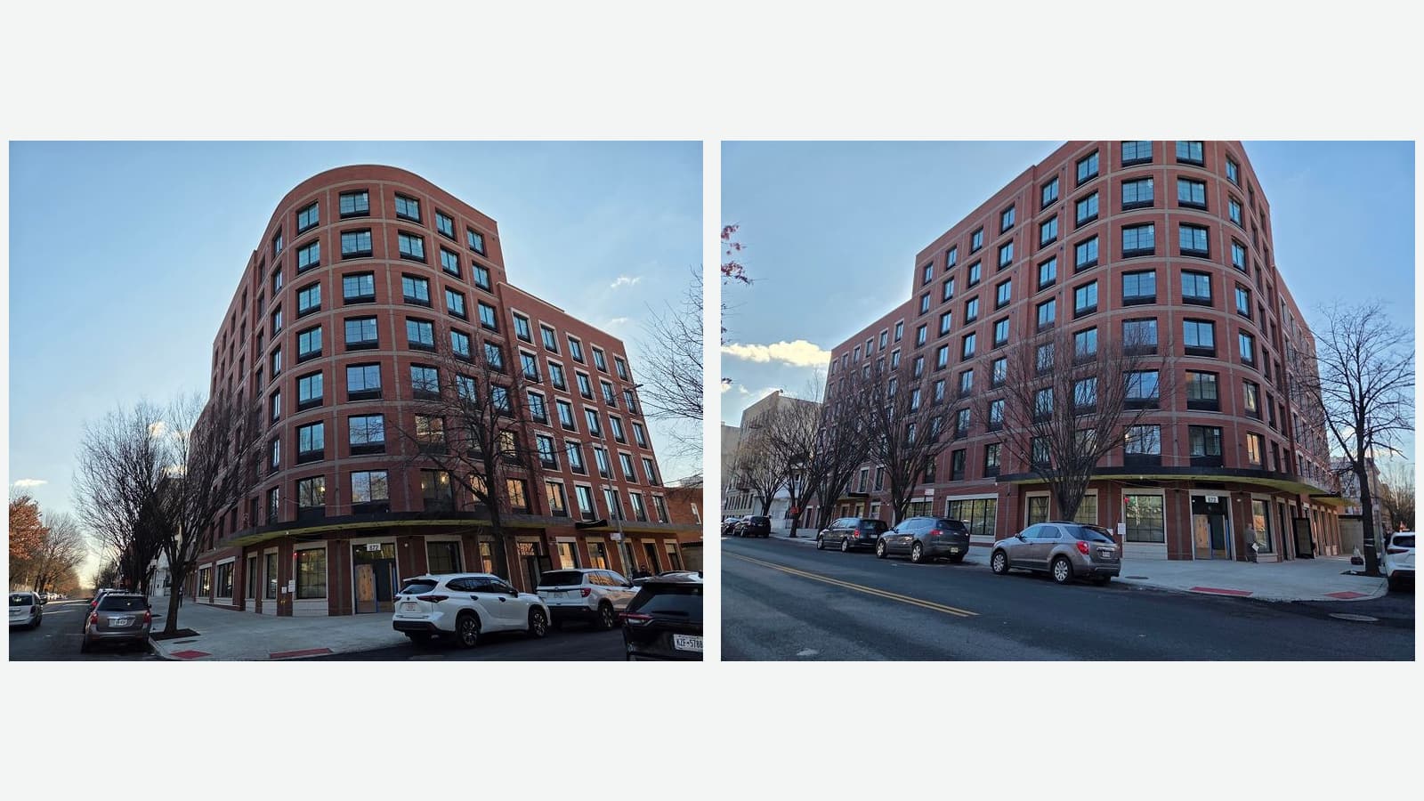 Two winter photographs side by side of the red brick building with bare street trees: at left the rounded corner and entrance marked 872 behind parked white cars; at right the long side of the building from across the street, with its ground-floor windows and the entrance