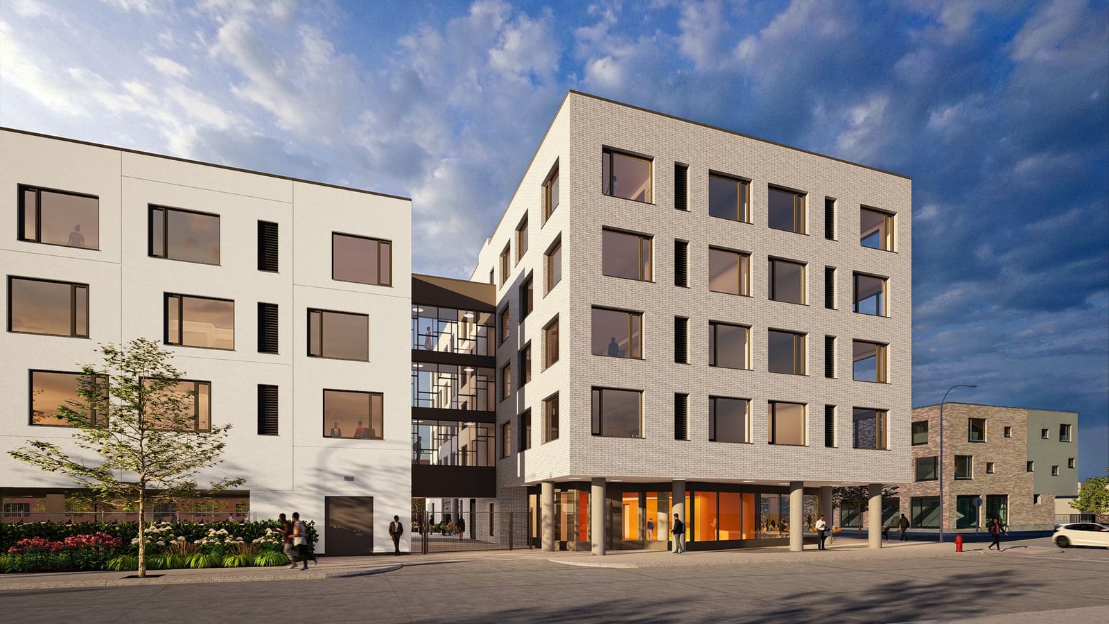 Rendering of two white five-story apartment wings joined by glass-walled bridges, with a lit ground-floor corner, a planted bed along the sidewalk and a lower brick building beyond