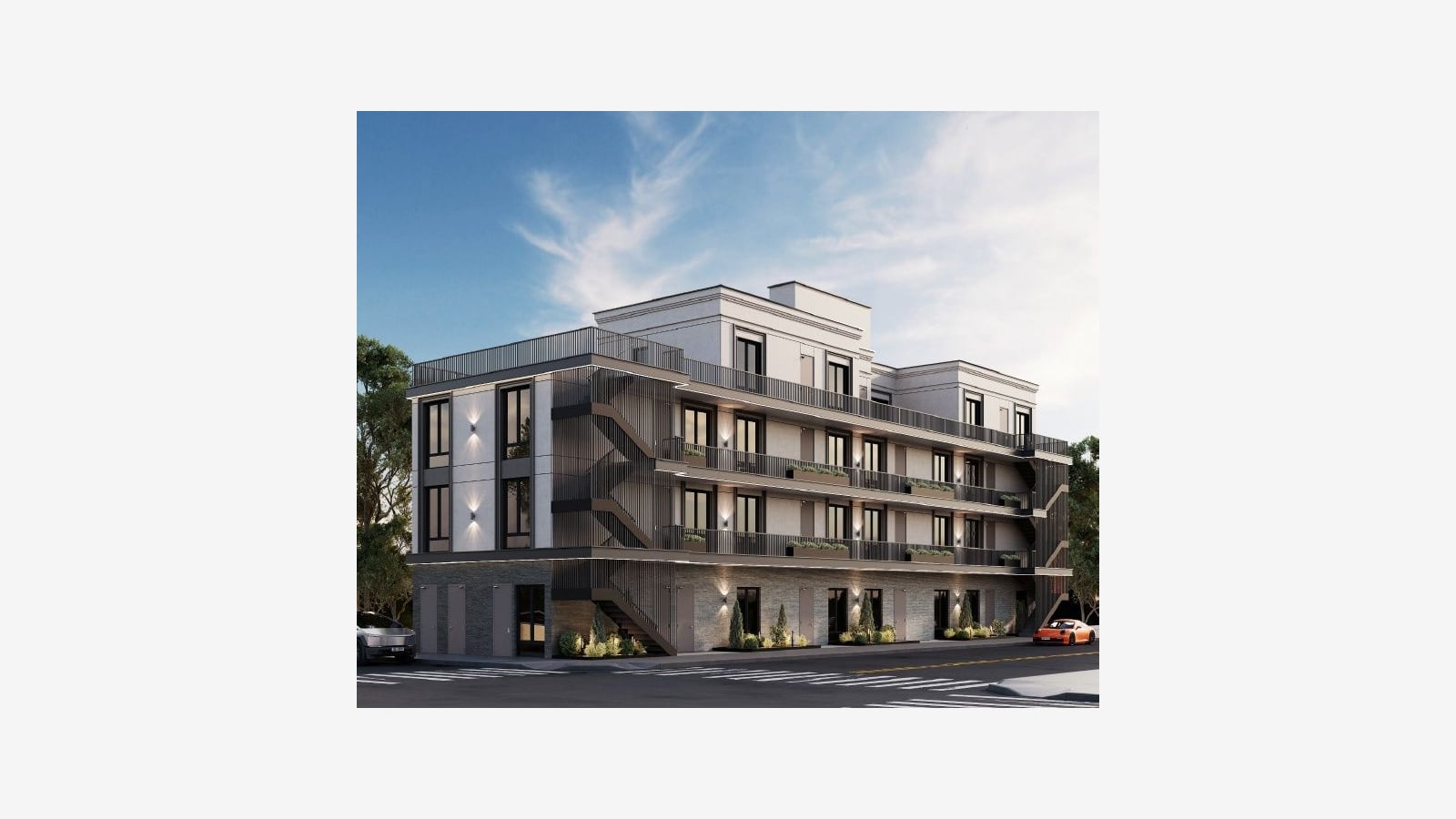Rendering of a four-story building on a street corner seen from the left, with a gray stone-clad ground floor, doors and a glass entrance, an open stair behind vertical slats on the corner, balconies with planter boxes on the two middle floors, a set-back pale top floor, a crosswalk in front, trees at left and a silver pickup truck at the curb, shown at its original size on a plain light background