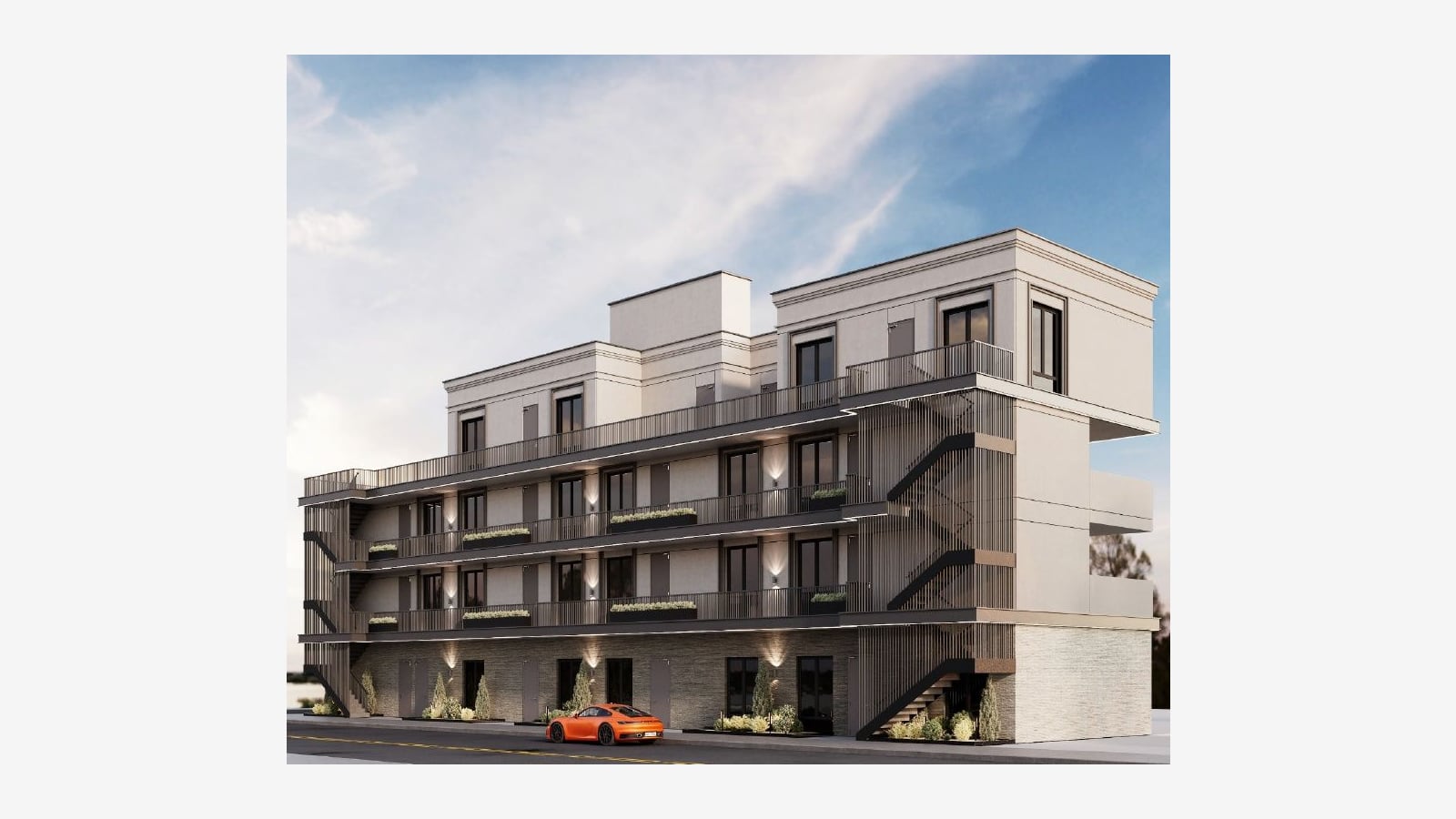 Rendering of the same four-story building seen from the right, with balconies and planter boxes along the middle floors, a set-back pale top floor with two raised sections, an open stair behind vertical slats near the right end, a stack of plain projecting slabs at the far right edge, a stone-clad ground floor and an orange sports car on the street, shown at its original size on a plain light background