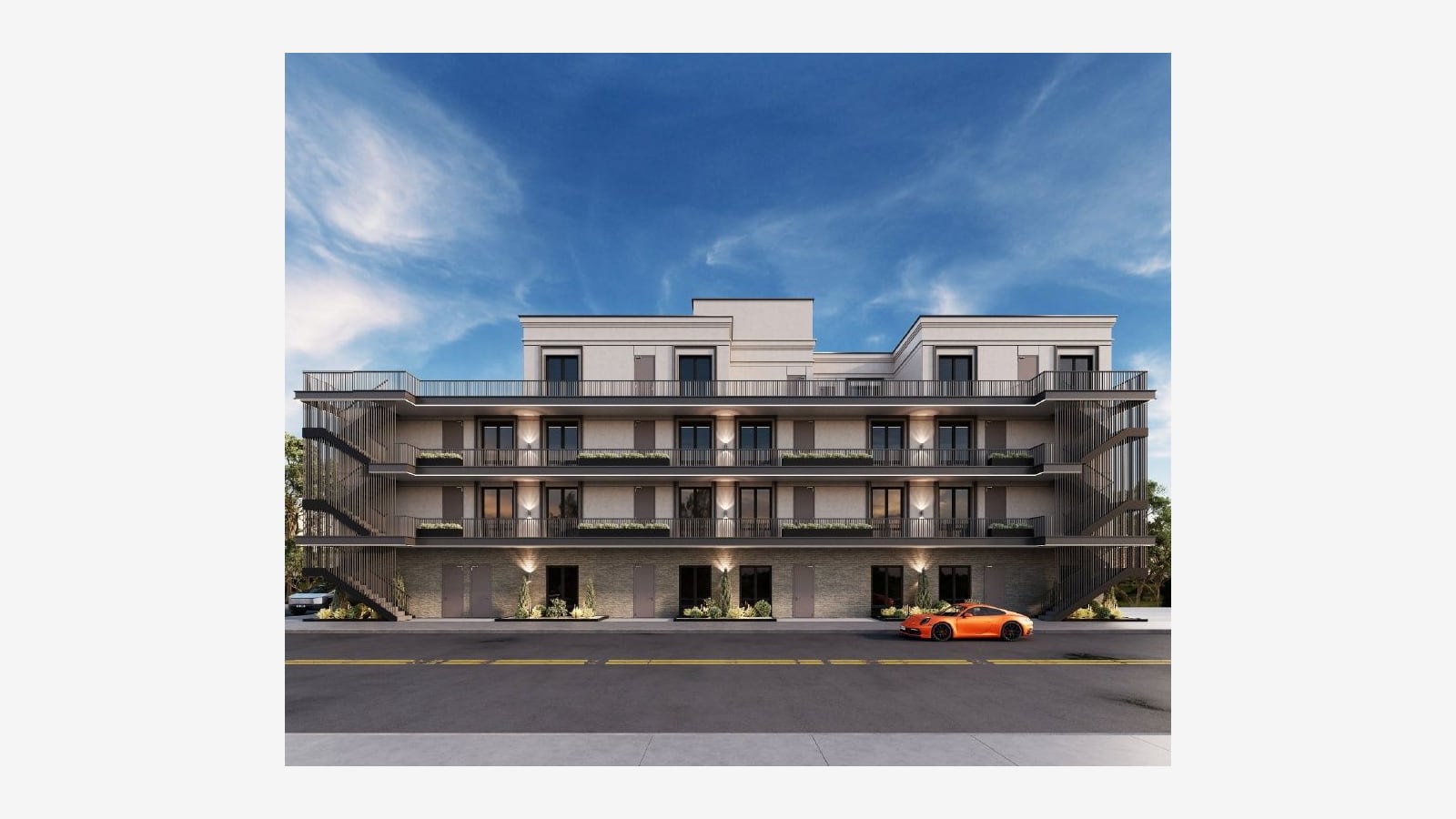 Rendering of a four-story building seen straight on from across a two-lane street: a gray stone-clad ground floor with dark doors and planters, two floors above with long balconies, black railings, planter boxes and wall lights, a set-back top floor in pale stucco with a balcony along its front, open stairs behind vertical slats at each end, an orange sports car at the curb and a blue sky with thin clouds, shown at its original size on a plain light background