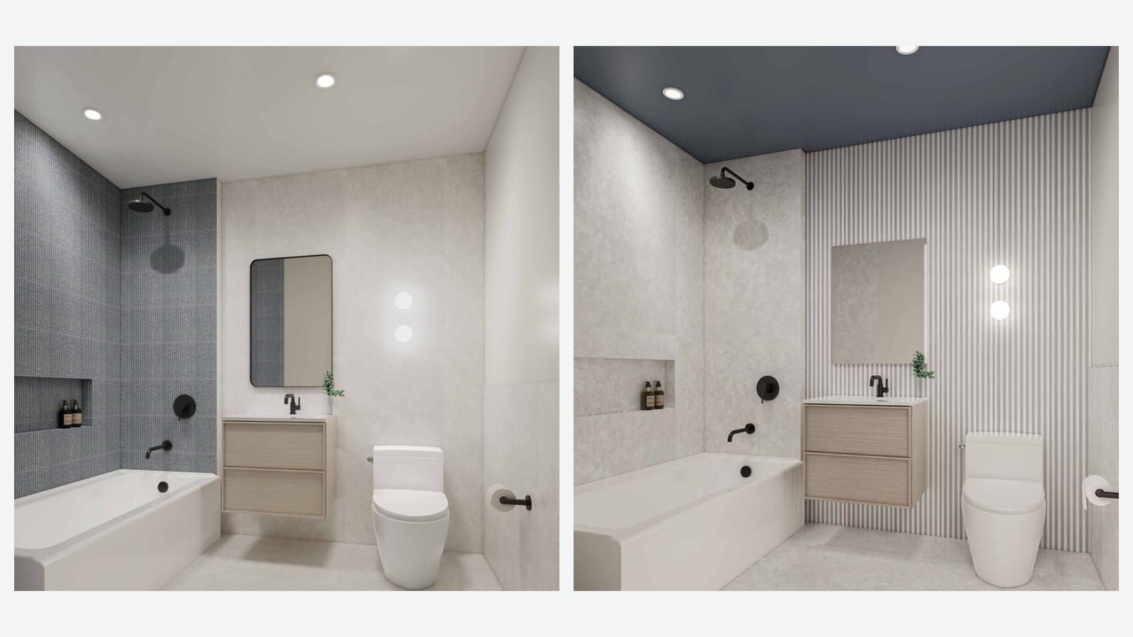 Two renderings of bathrooms side by side on a plain light background: at left, a tub with blue-gray textured tile, a black shower head, a wall niche, a rounded black-framed mirror over a light wood vanity and a white toilet; at right, a similar layout with pale stone-look walls, a striped white and gray wall behind a light wood vanity, a navy ceiling and two round wall lights