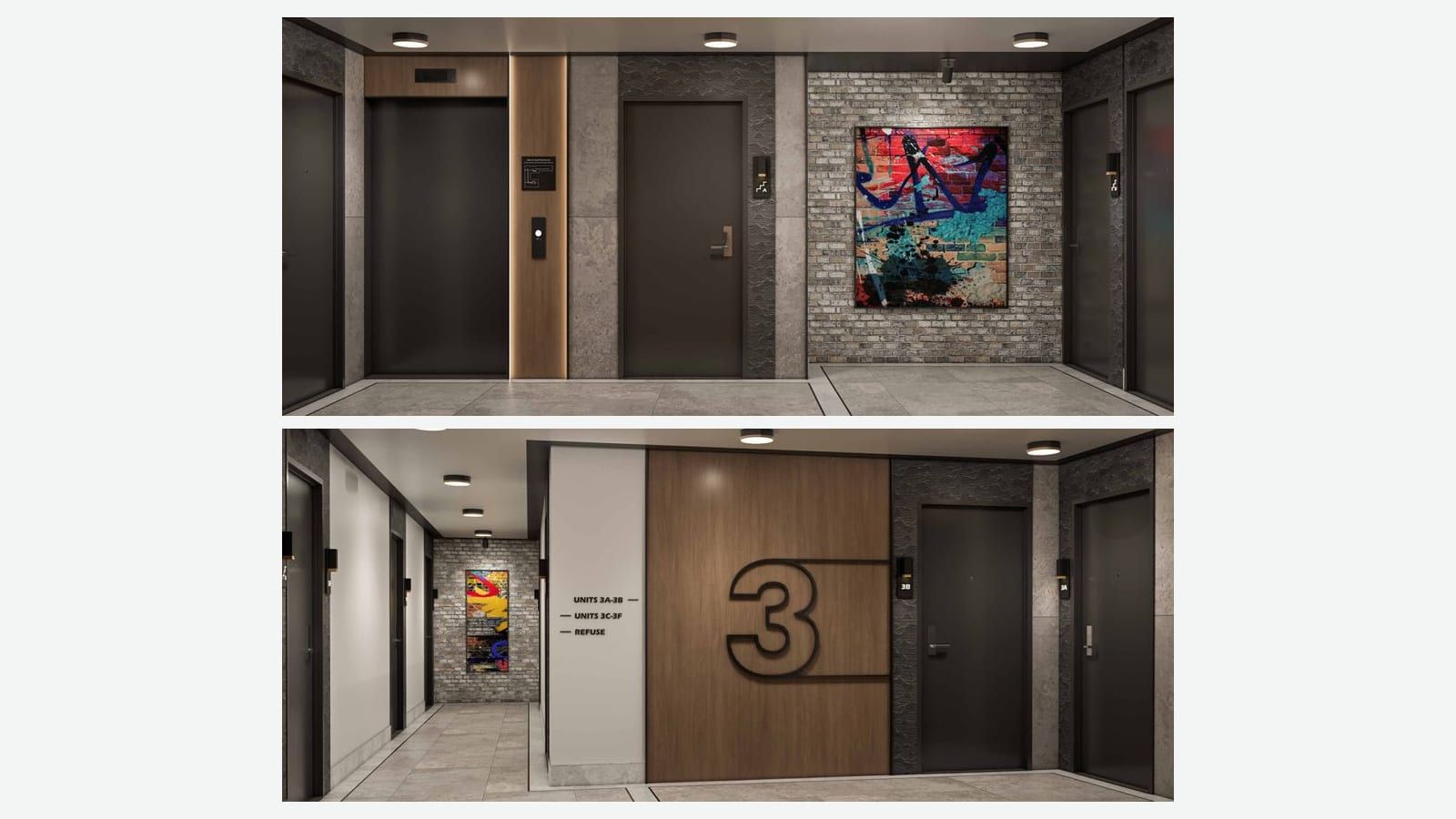Two renderings stacked on a plain light background: at top, an elevator landing with dark doors, wood and stone wall panels, a posted evacuation plan and a large graffiti-style painting on a brick wall; at bottom, a hallway with a large number 3 on a wood panel, signs reading Units 3A-3B, Units 3C-3F and Refuse, dark apartment doors marked 3A and 3B, and a painting on a brick wall at the end