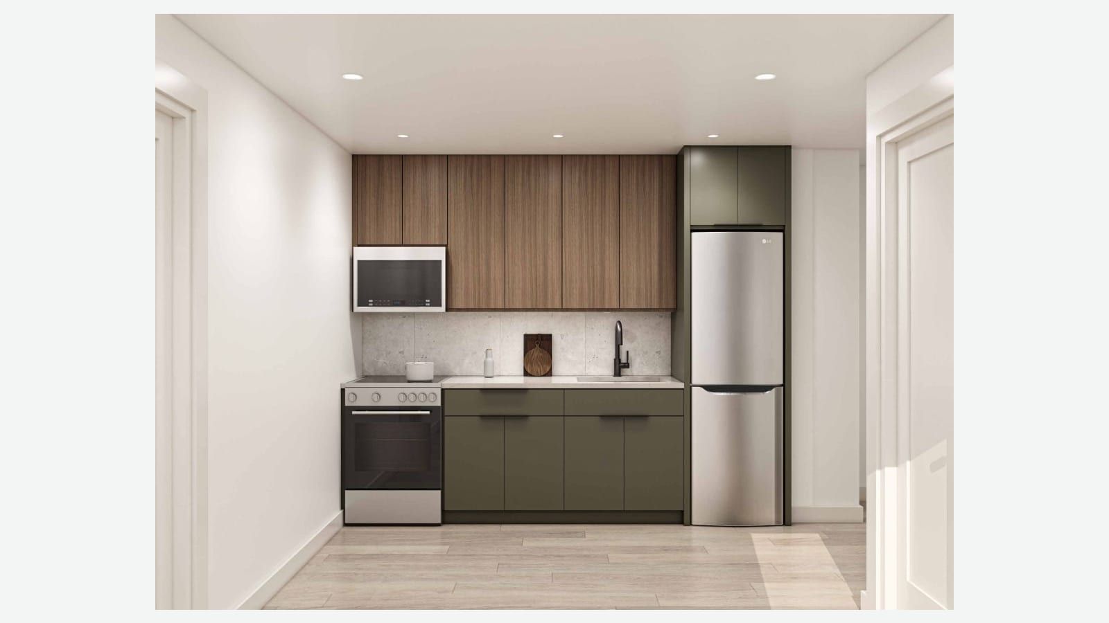 Rendering of a small kitchen along one wall, with walnut-colored upper cabinets, olive green lower cabinets, a steel microwave above a steel electric range with a flat cooktop, a black faucet over a sink, a stone-look backsplash, a tall steel refrigerator with a freezer at the bottom, and a light wood floor