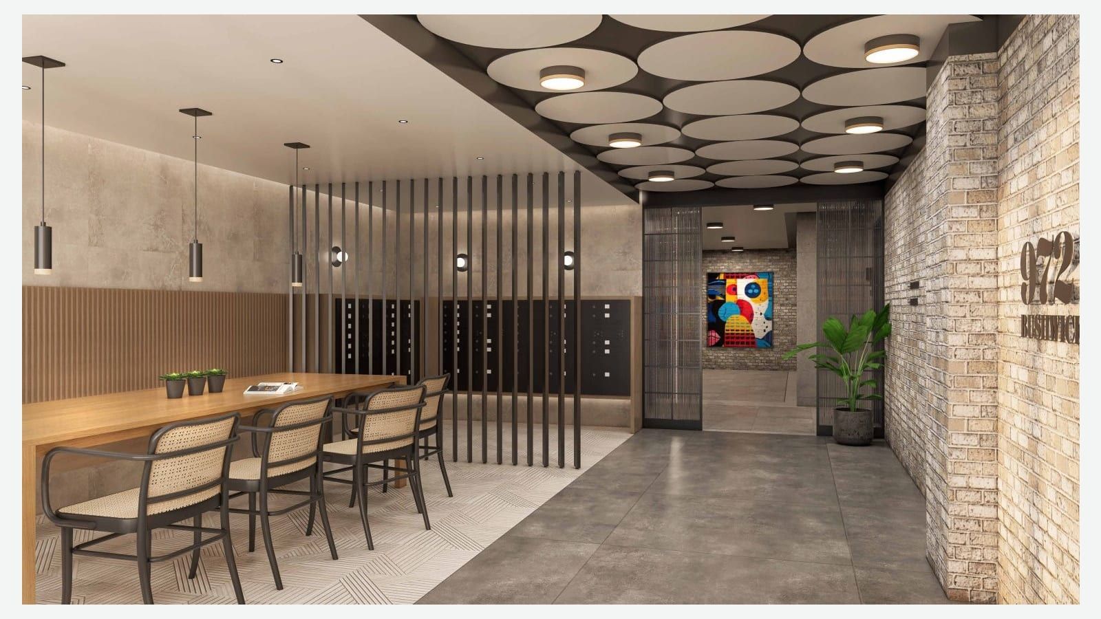 Rendering of a lobby with a long wood table and woven-back chairs at left, black mailboxes behind thin black vertical bars, a ceiling of overlapping round white panels with lights, a gray concrete floor, a colorful abstract painting at the end of a hall, a potted plant, and a pale brick wall at right lettered 972 Bushwick
