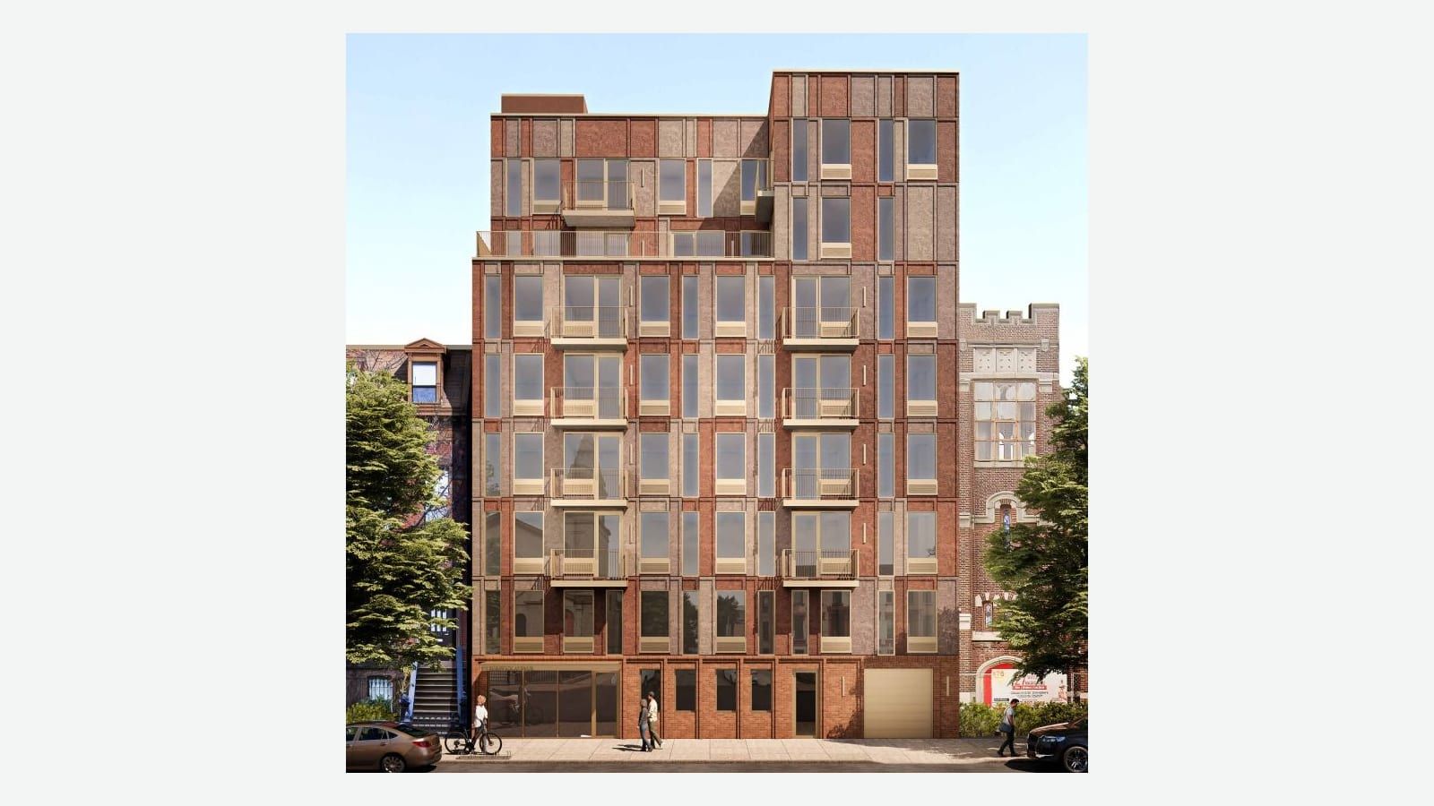 Rendering of an eight-story building seen straight on, with a facade of red, brown and gray brick panels, tall windows with tan frames, small balconies with metal railings, a setback terrace near the top, a glass storefront and a pale garage door on the ground floor, people walking on the sidewalk, and a red brick church with a crenellated tower at right, shown at its original size on a plain light background