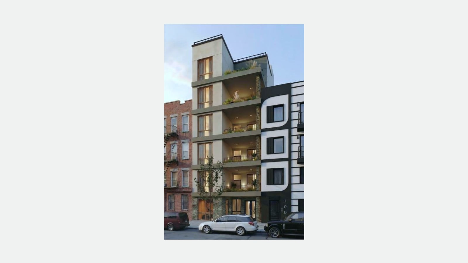 Rendering at dusk of the same six-story building seen at a slight angle, with lit balconies and planters, a roof terrace, a red brick neighbor with fire escapes at left and a black-and-white neighbor numbered 100 and partly cut off at right, and a white car parked in front, shown at its original size on a plain light background