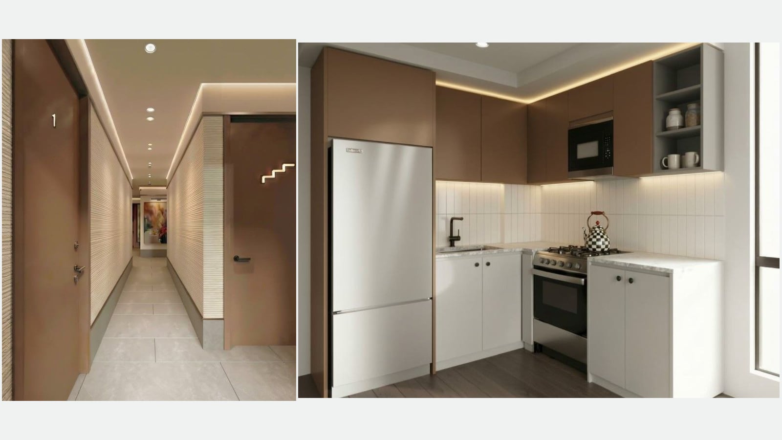 Two renderings side by side on a plain light background: at left, a corridor with brown doors, a door marked 1, a lit stair symbol, ribbed beige wall panels, gray floor tiles and a painting at the far end; at right, a small L-shaped kitchen with brown upper cabinets, white lower cabinets, a stainless refrigerator, a built-in microwave, a stainless range with gas burners and a checkered kettle, white tile and a wood-look floor