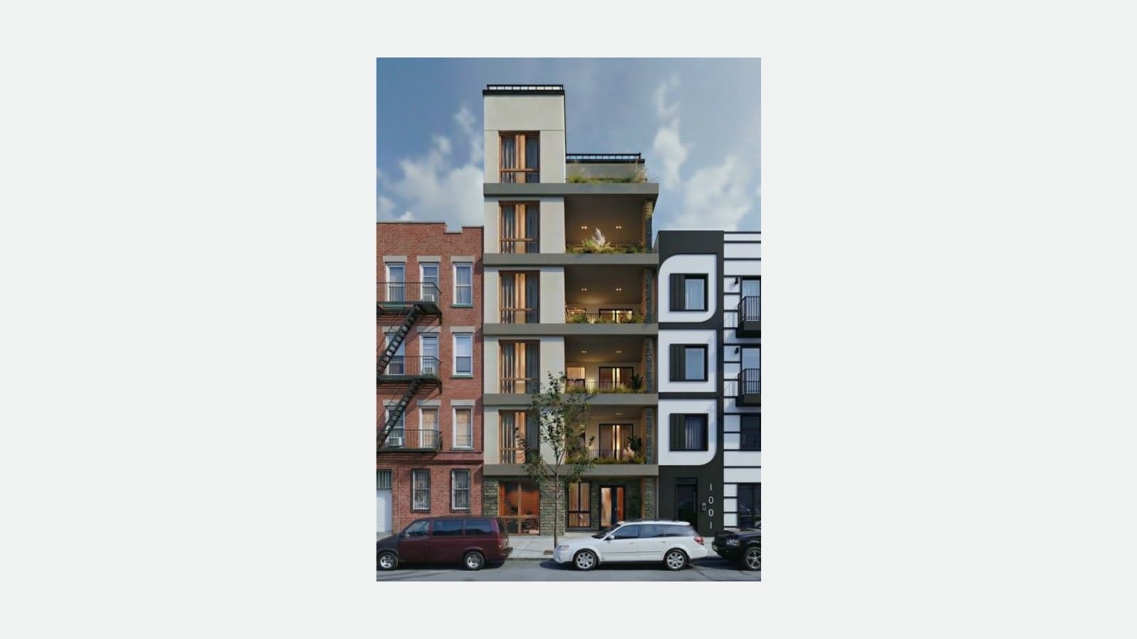 Rendering of a narrow six-story building with a pale gray facade, tall wood-framed windows in a left column, deep balconies with planters and warm lights on the right, a stone-clad ground floor with glass doors, a roof terrace with railings, a red brick building with fire escapes on the left and a black-and-white building numbered 1001 on the right, with a street tree and parked cars in front, shown at its original size on a plain light background