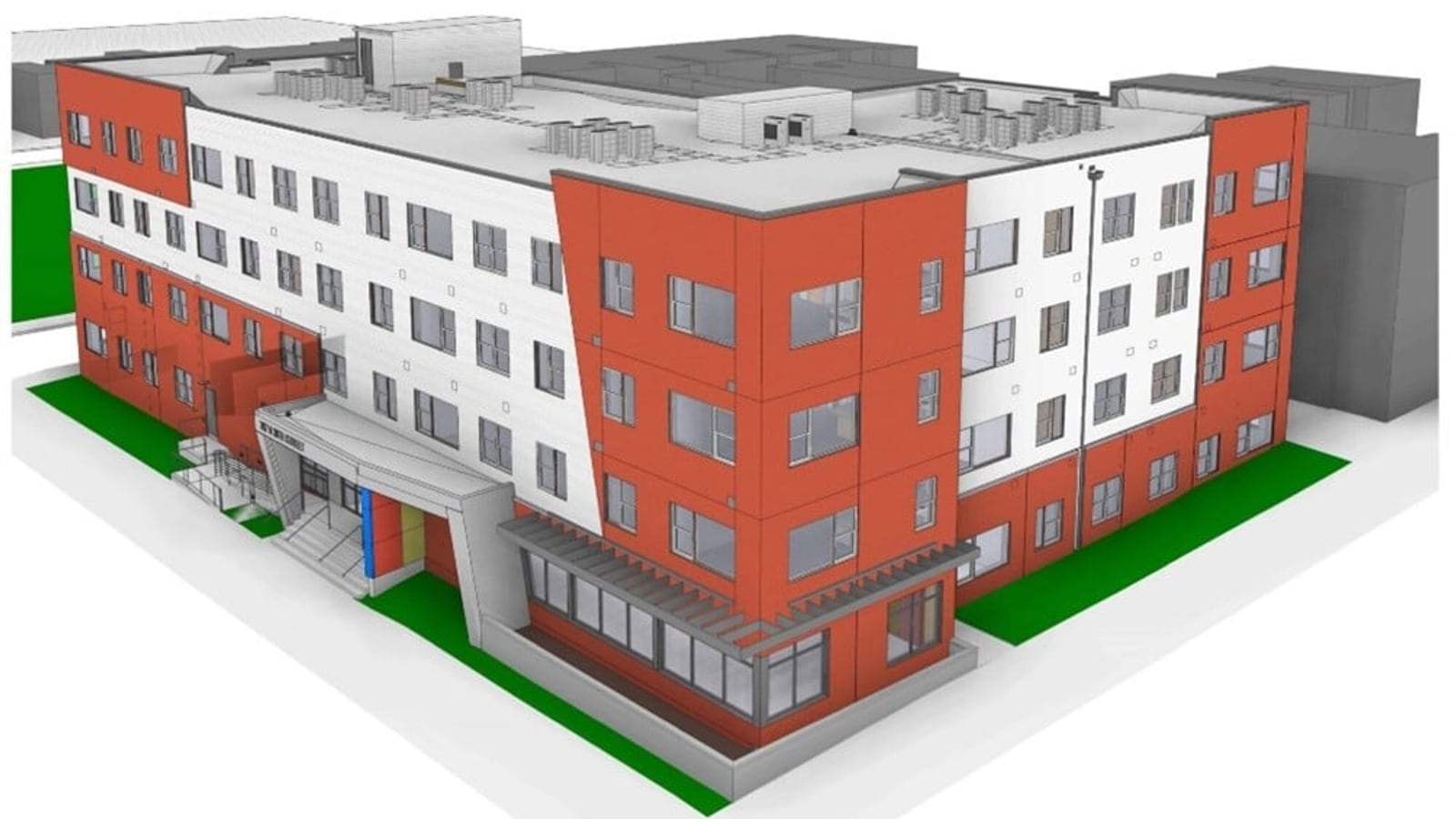 Computer model of a four-story L-shaped apartment building seen from above, with orange-red and white wall panels, a canopy over the entrance, rooftop equipment and strips of lawn