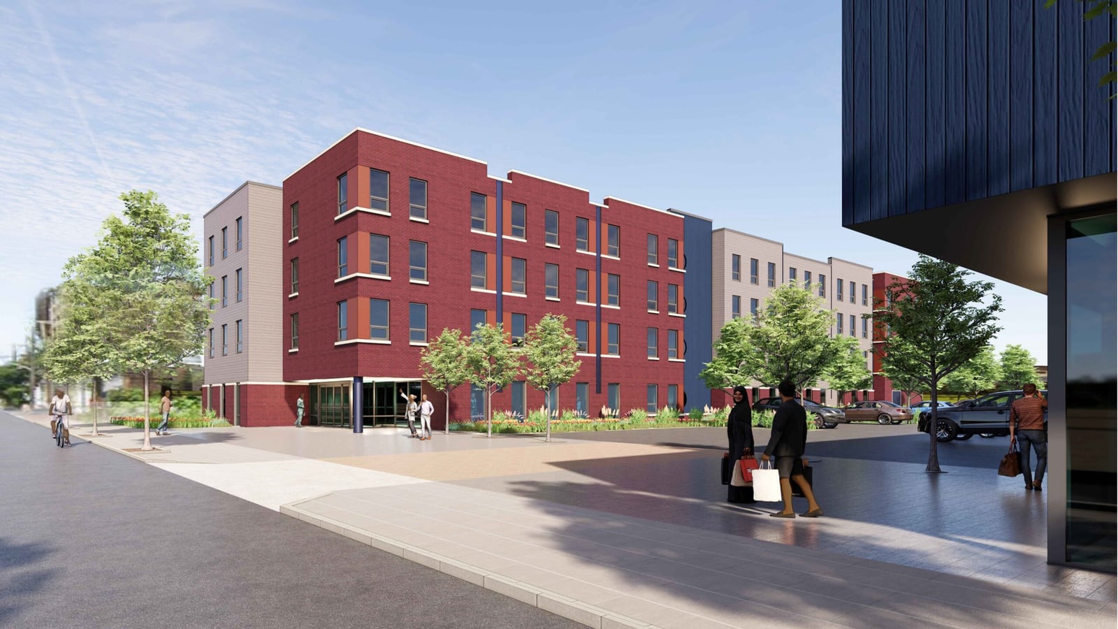 Rendering of a long four-story building in red brick and pale siding beside a paved plaza with young trees and people walking