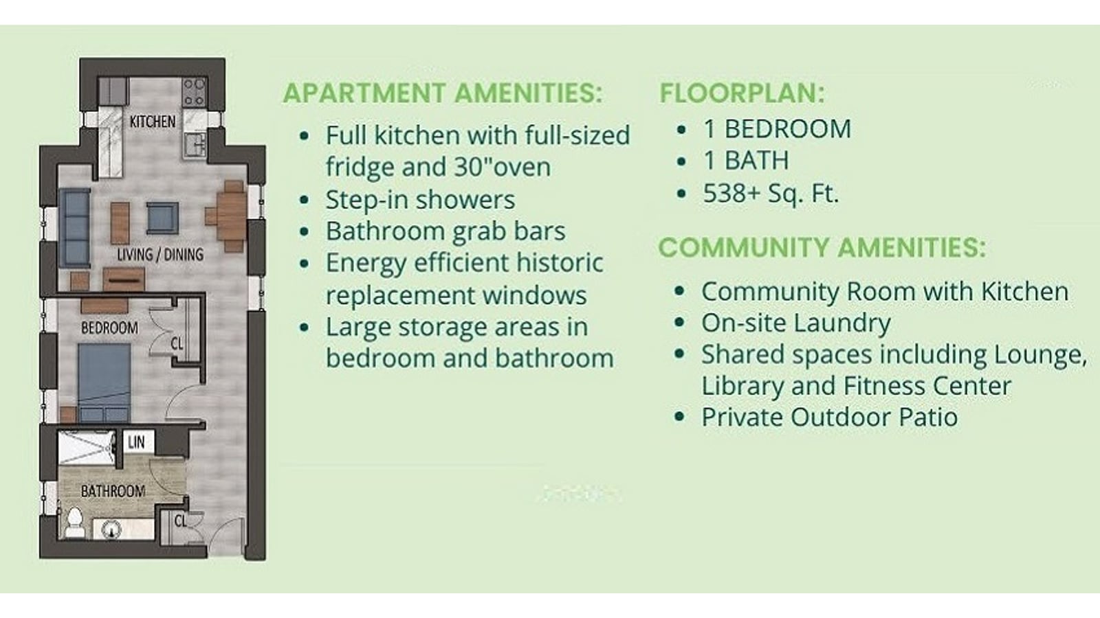 Floor plan of a one-bedroom apartment with a kitchen, living and dining room, bedroom and bathroom in a row, beside lists of apartment amenities and community amenities