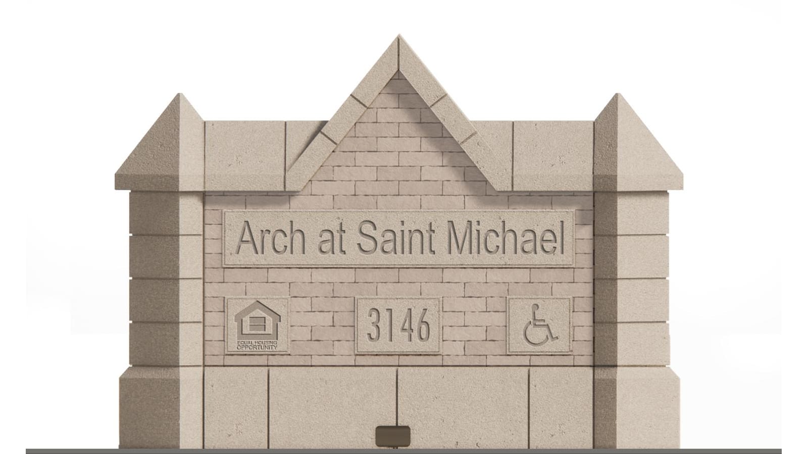 Rendering of a stone monument sign with a pointed gable and two corner piers, engraved Arch at Saint Michael and 3146 with equal housing and accessibility symbols