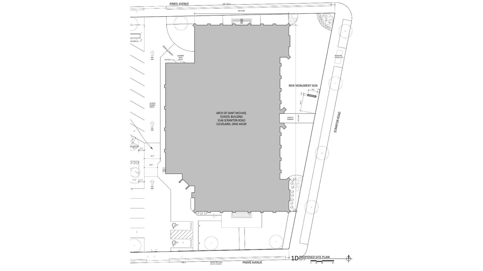 Architectural site plan showing a school building footprint between Kinkel Avenue and Prame Avenue, with Scranton Road on one side, a monument sign, a relocated bus stop and a parking lot of 16 spaces