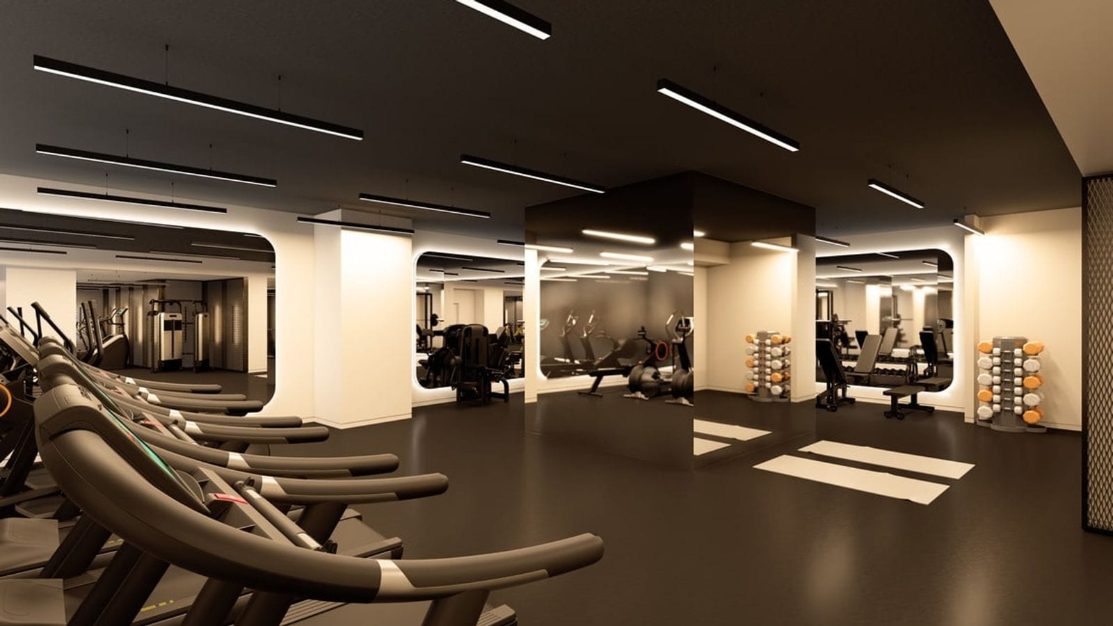 Rendering of a fitness room with a dark floor and ceiling, a row of treadmills in the foreground, weight machines and benches, racks of dumbbells, mirrored walls and strip lights
