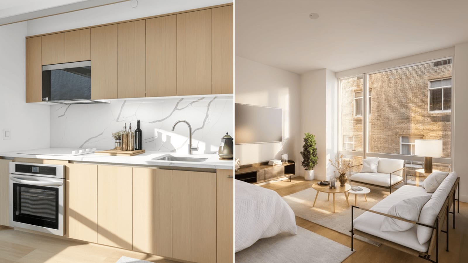 Two images side by side: at left a kitchen wall with pale wood cabinets, a white marble-look backsplash and counter, a flat cooktop under a hood, a wall oven and a sink; at right a room with a bed, a wall-mounted television, a sofa, an armchair and a wide window facing a brick building
