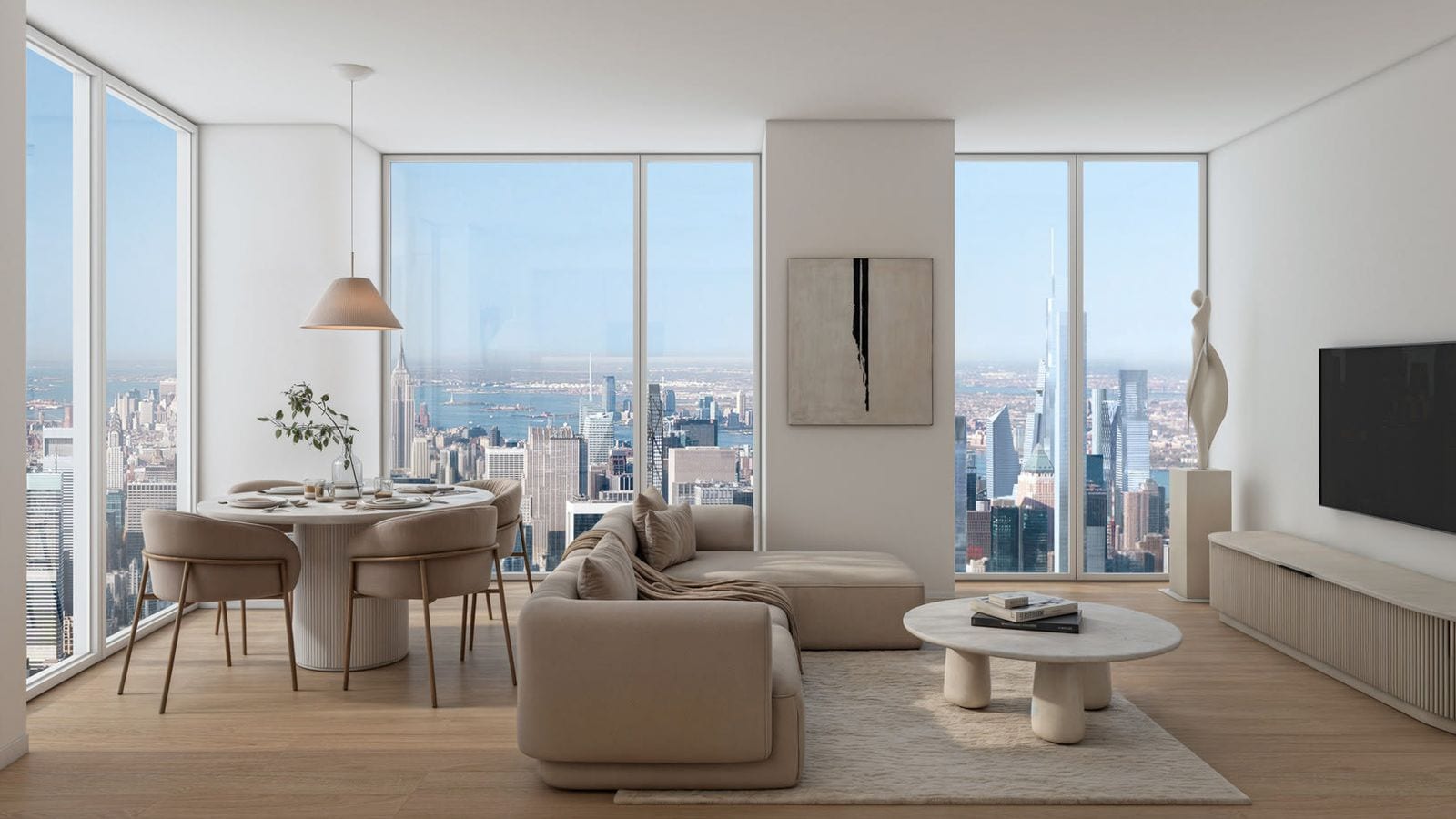 Rendering of a living room with pale wood floors and white walls, a round dining table with four chairs under a pendant lamp, a beige sectional sofa, a round coffee table, a wall-mounted television, and floor-to-ceiling windows on two sides looking down on a dense skyline with water beyond