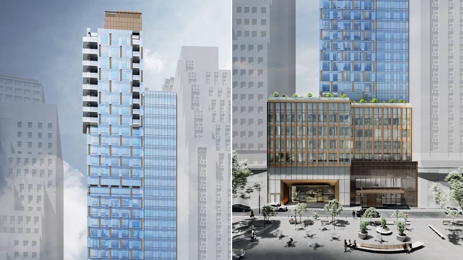 Two parts of one rendering side by side: at left the top of a slim blue glass tower with a column of white corner balconies and a bronze-colored cap, between pale outlines of neighboring buildings; at right the base of the same tower, five floors framed in bronze above a tall entrance and a darker storefront with a canopy, with planted roof terraces and a plaza with trees, tables and benches in front