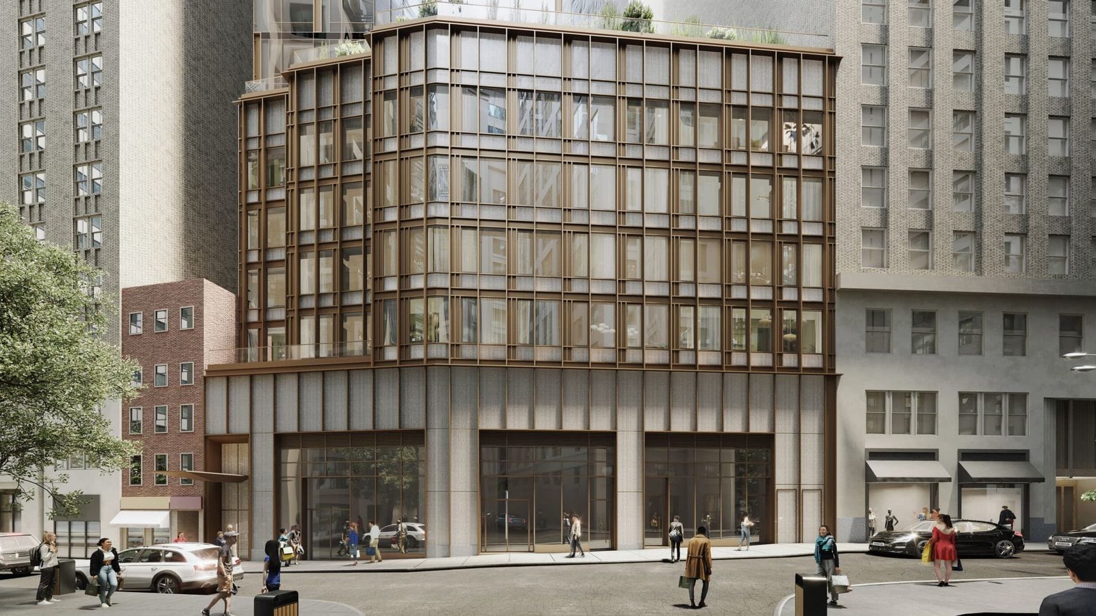 Rendering of the lower floors of a building on a narrow city street: a pale stone base with three tall glazed openings, five floors above it wrapped in a grid of bronze-colored frames around large windows, planted terraces on the roof of the base, a small red-brick building at the left and an older brick tower at the right, with pedestrians and parked cars in the foreground