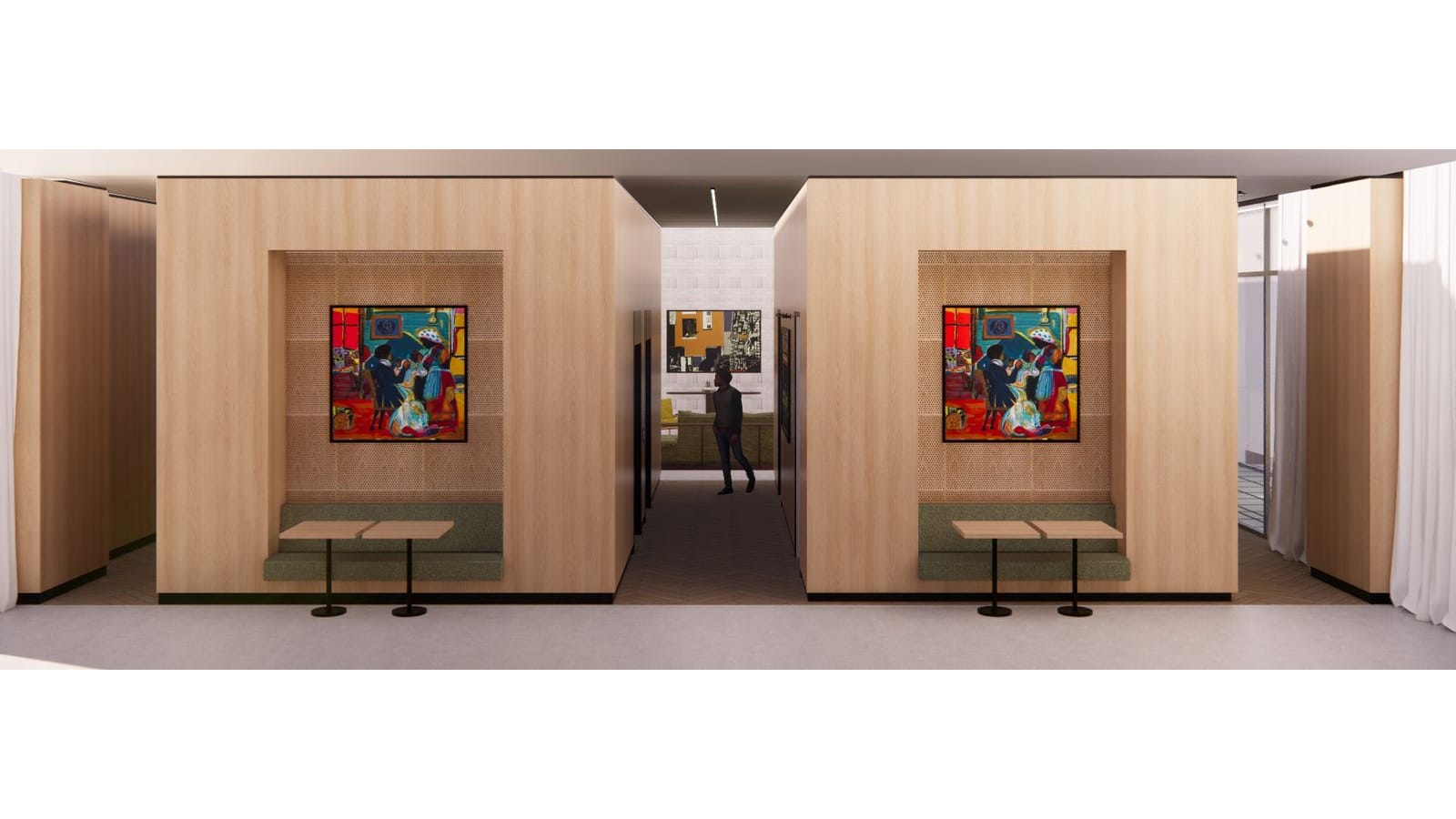 Rendering of two wooden booth alcoves, each with a green bench, two small tables and a colorful painting, on either side of a corridor where one distant person walks toward a lounge