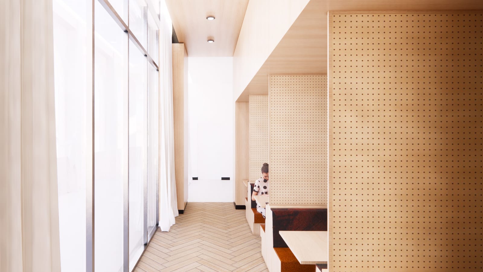 Rendering of a narrow room with tall windows and sheer curtains on the left, a herringbone wood floor, and a row of wooden booths with pegboard walls and small tables on the right, one with a person seated and looking down