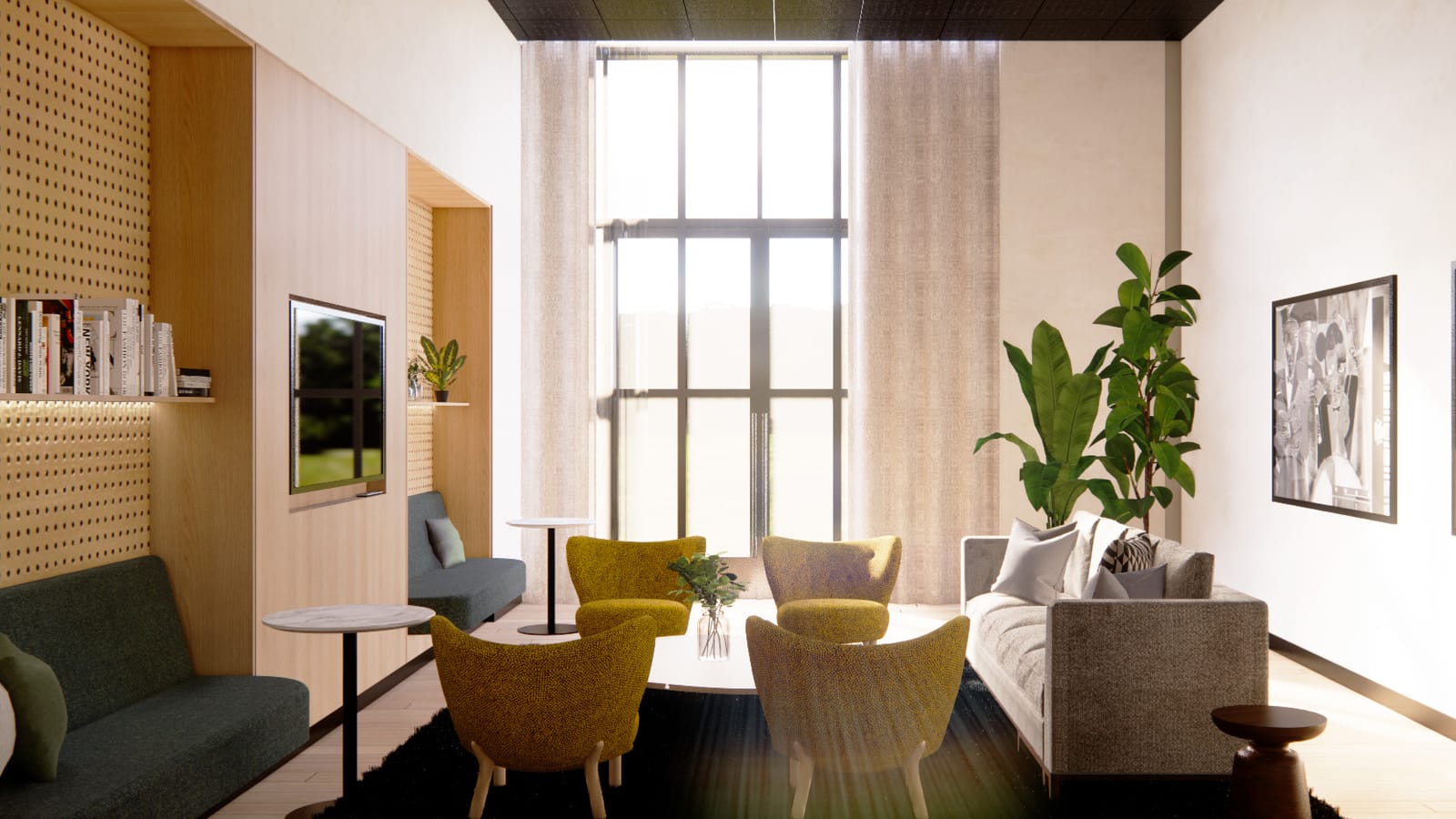Rendering of a tall, bright lounge with four mustard-yellow armchairs around a low round table on a black rug, a gray sofa, a large potted plant, a wall-mounted screen and bookshelves on pegboard panels, and a two-story window with sheer curtains