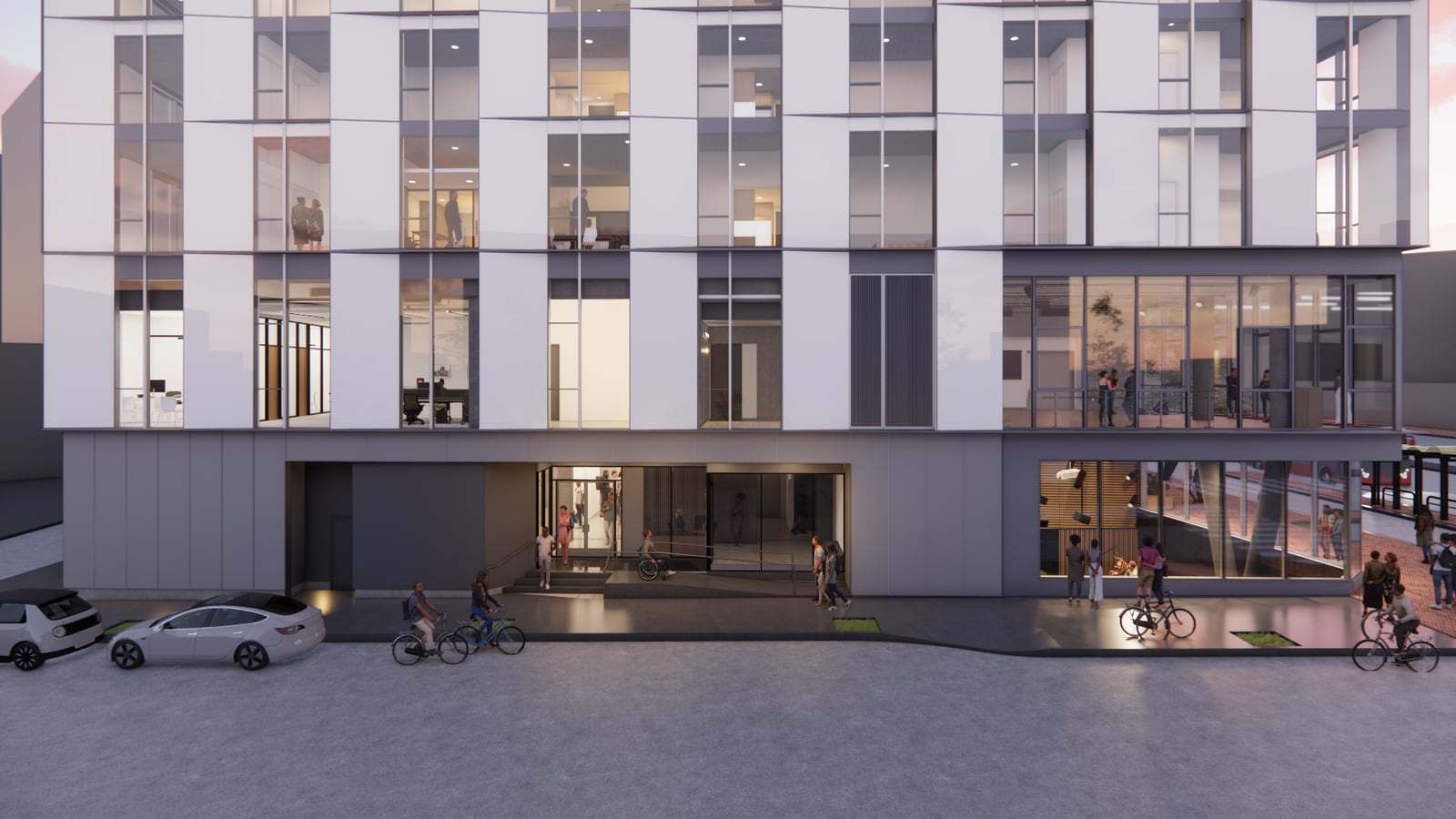 Rendering of a side street frontage with a recessed entrance in a gray base, large windows above, parked cars and people on bicycles