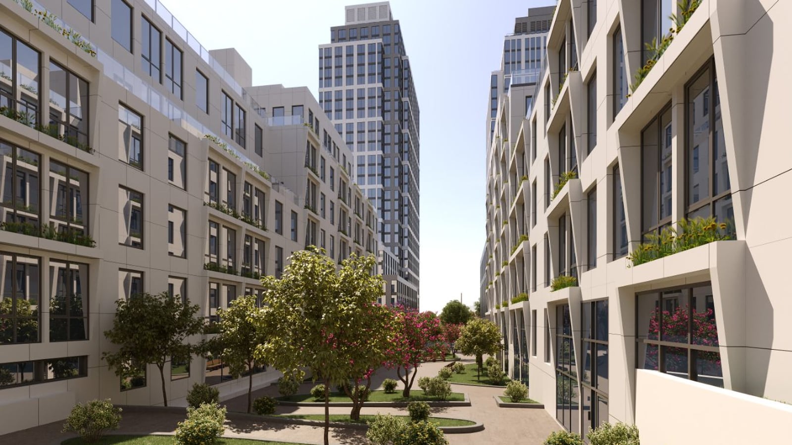 Rendering of a paved walkway with curved planting beds, small trees and pink flowering shrubs running between two cream-colored apartment buildings with large windows and planter ledges toward a tall tower with dark windows in the distance