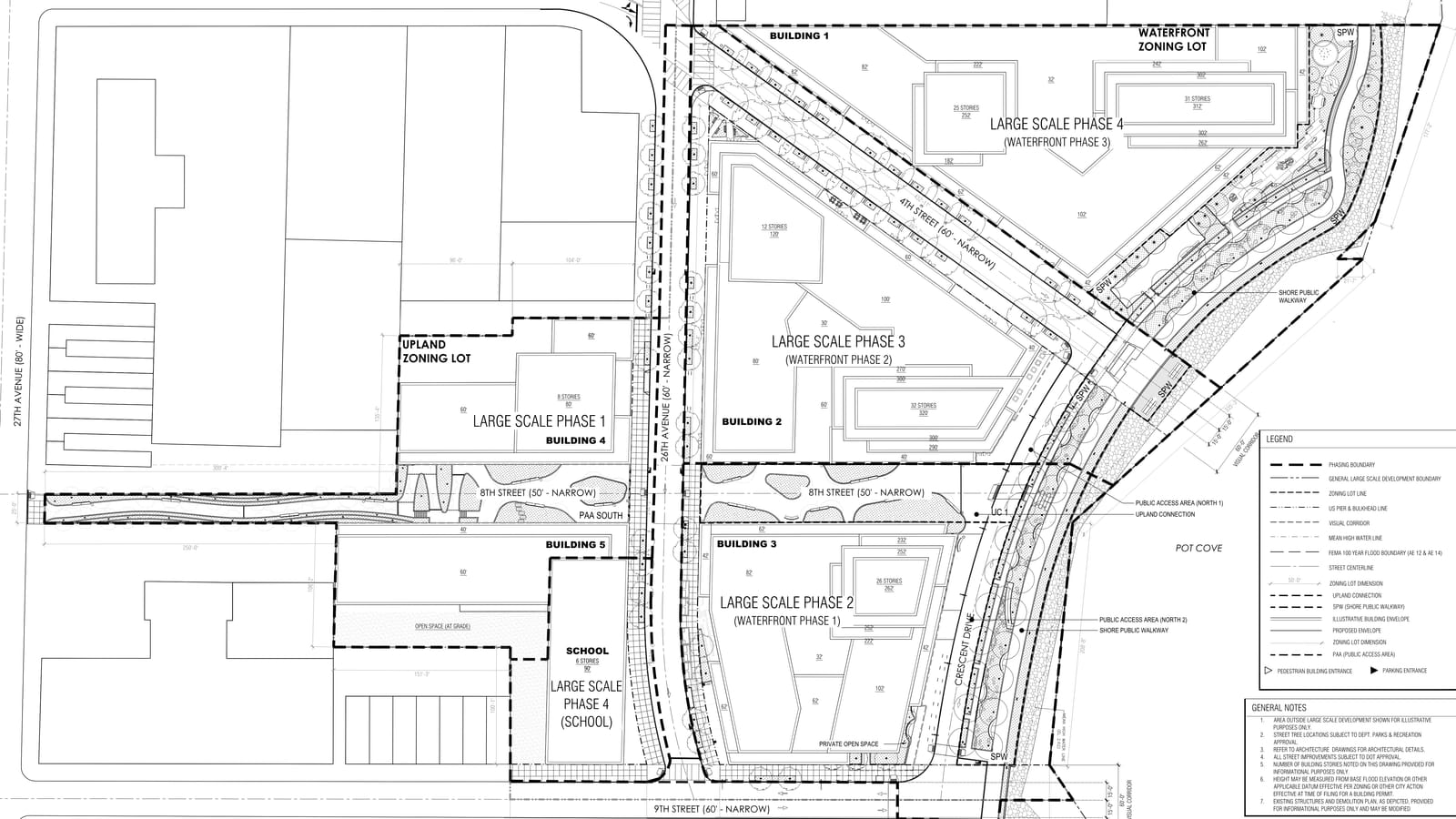 Black and white site plan with 27th Avenue along the left edge, 26th Avenue running from top to bottom through the middle and the curved shore of Pot Cove at right; left of 26th Avenue are outlines labelled Building 4, Large Scale Phase 1, and Building 5 with a block labelled School, Large Scale Phase 4; right of it are Building 3, Large Scale Phase 2, Building 2, Large Scale Phase 3, and Building 1, Large Scale Phase 4, behind a planted shore walkway, with a legend at lower right