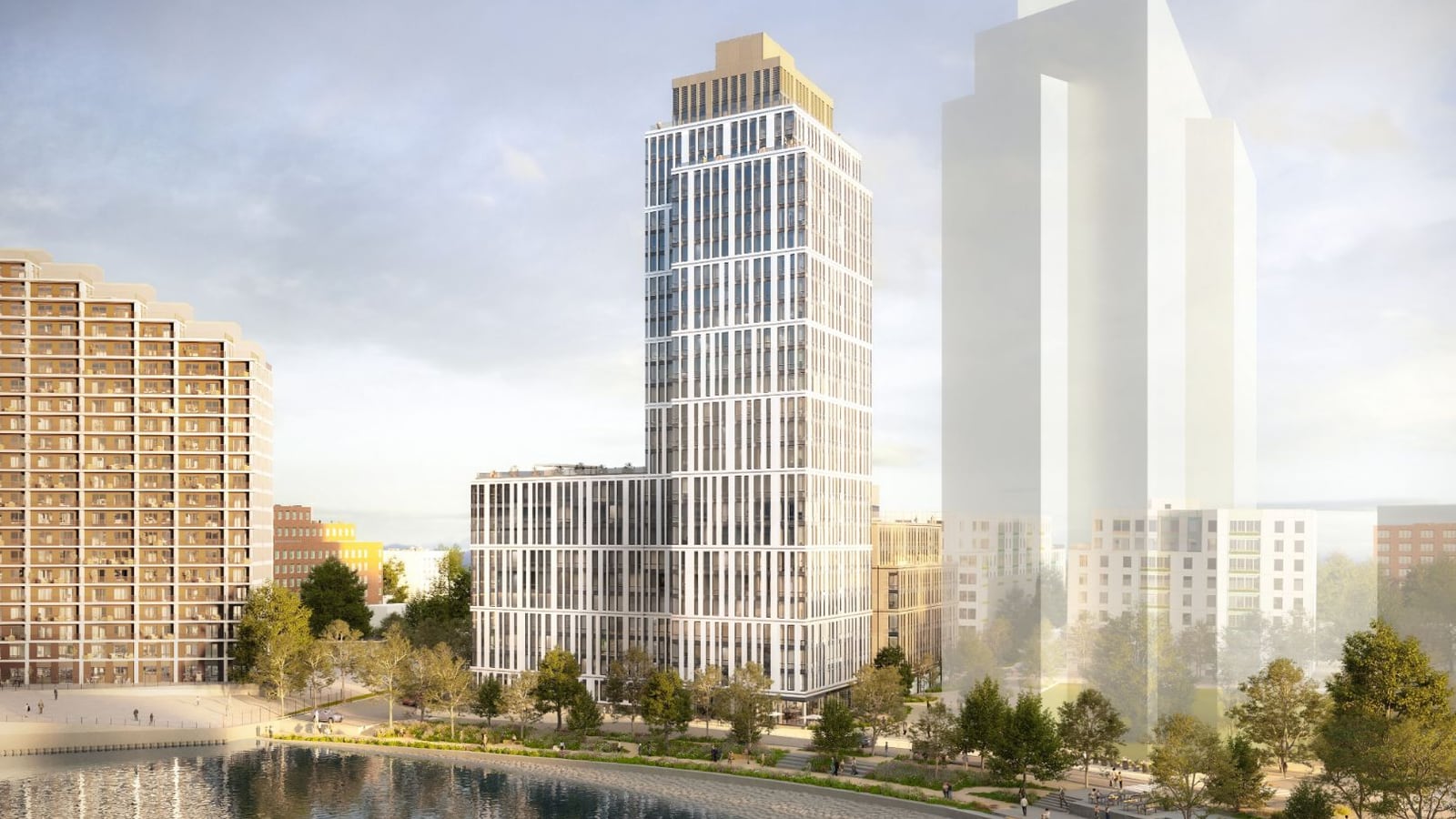 Rendering seen across a cove of a slender white tower with a gold-colored crown joined to a lower white wing, behind a tree-lined shore walkway with steps down to the water; a tan brick apartment tower stands at left and pale translucent outlines of future towers at right