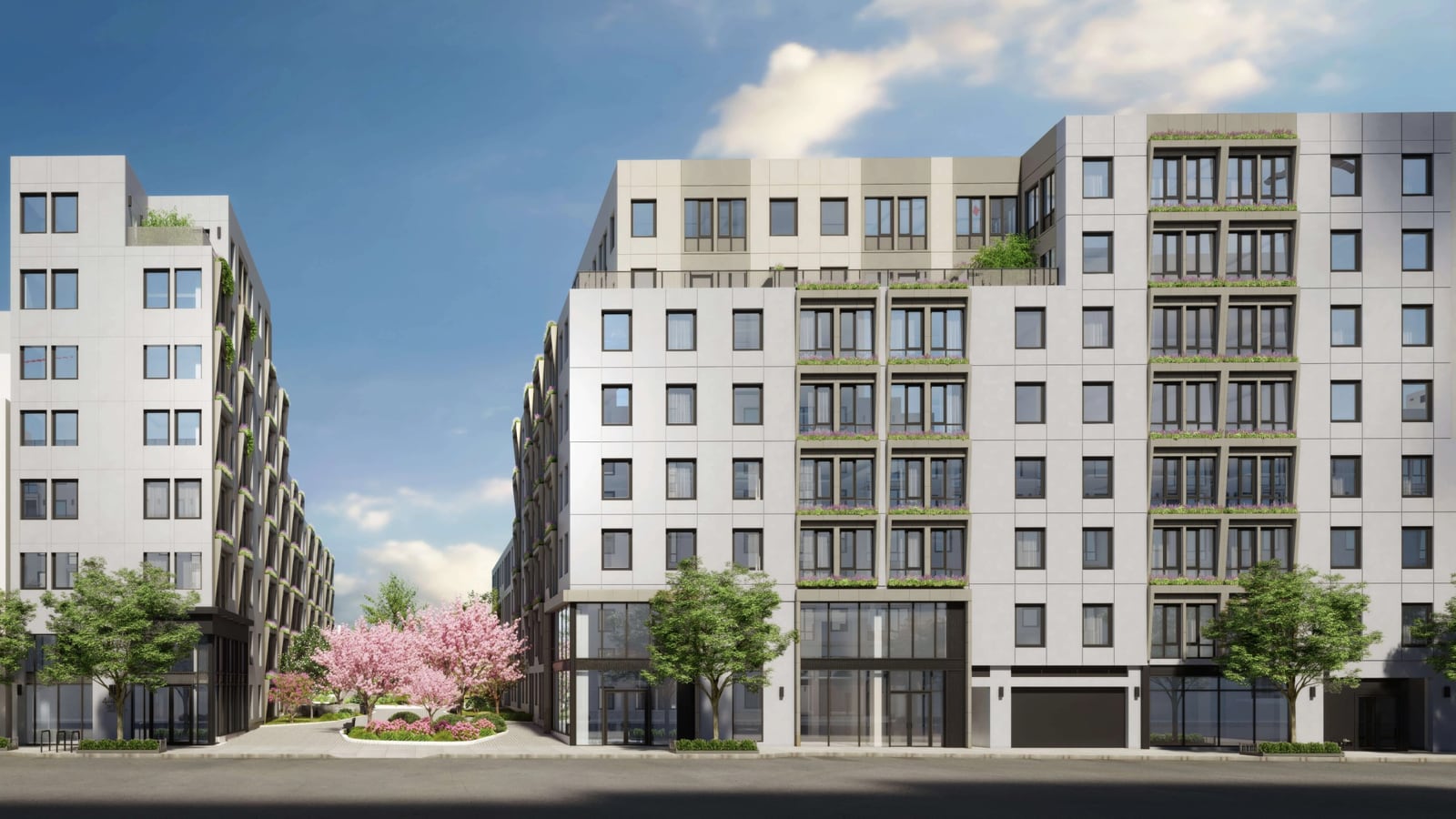 Rendering of two pale grey apartment buildings facing a street under a blue sky, the one at right eight stories with a set-back top floor, bays of windows with planter ledges, glass storefronts and a garage door at street level, a slightly lower one at left, with a paved walkway and pink flowering trees between them and street trees along the sidewalk