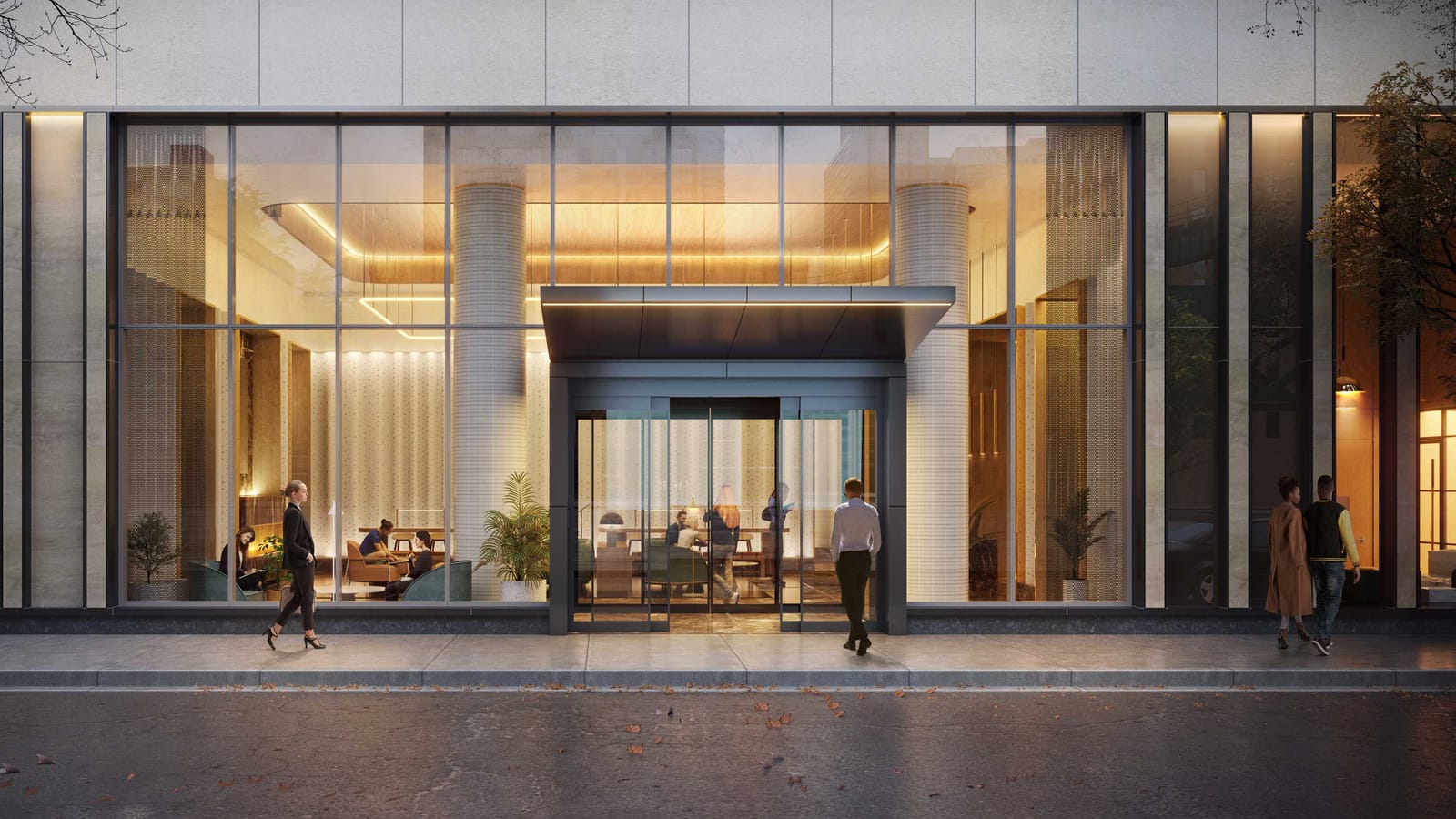 Rendering at dusk of a two-story glass lobby with a metal canopy over sliding doors, lit wood and textured walls inside, seating with drawn figures, and people walking on the sidewalk