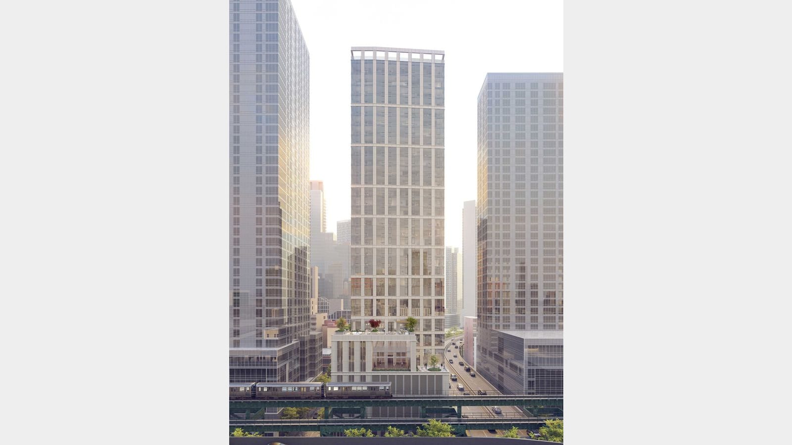 Rendering of a slim pale tower between two taller glass towers, rising behind a lower base with planted terraces, with an elevated subway train crossing in front and a highway ramp at right