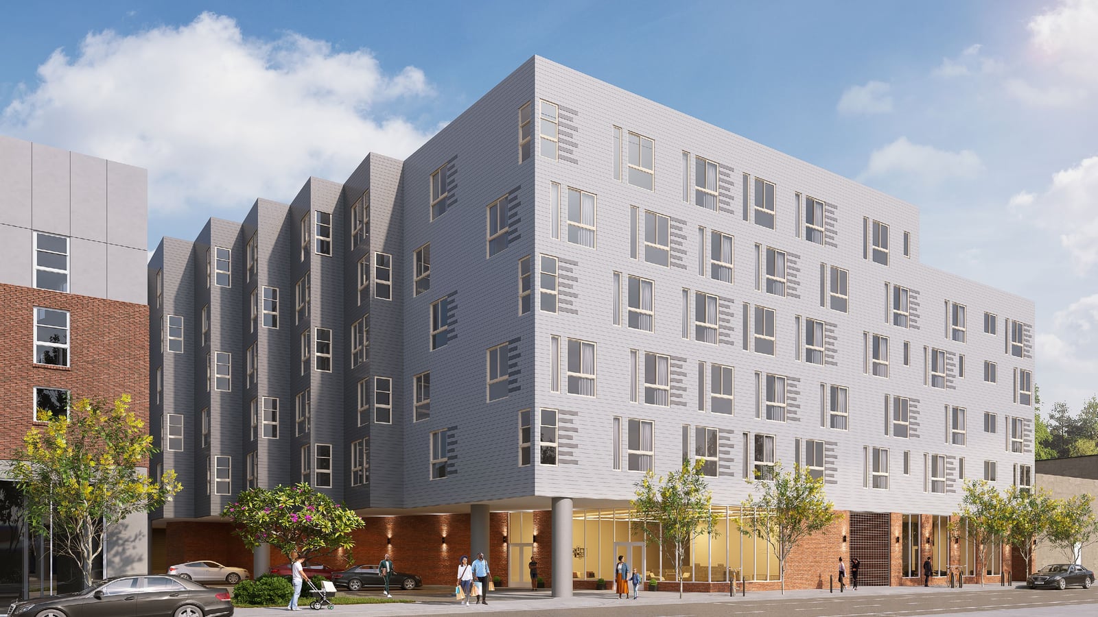 Rendering of a six-story building with gray panel walls marked by short horizontal stripes beside the windows, a brick and glass ground floor, street trees and people on the sidewalk