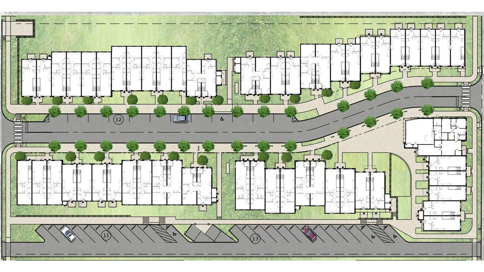 Drawn site plan showing four long buildings and one smaller building along a curving new street, with street trees, a playground and a parking lot at the bottom