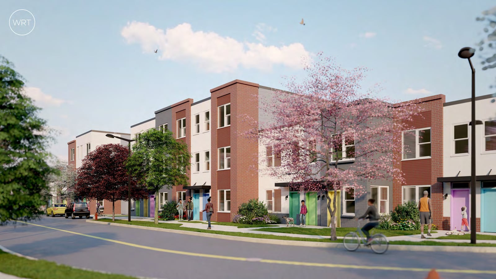 Rendering of a row of three-story buildings in red brick and white panels with brightly colored front doors along a new street, with flowering trees, a cyclist and people on the sidewalk