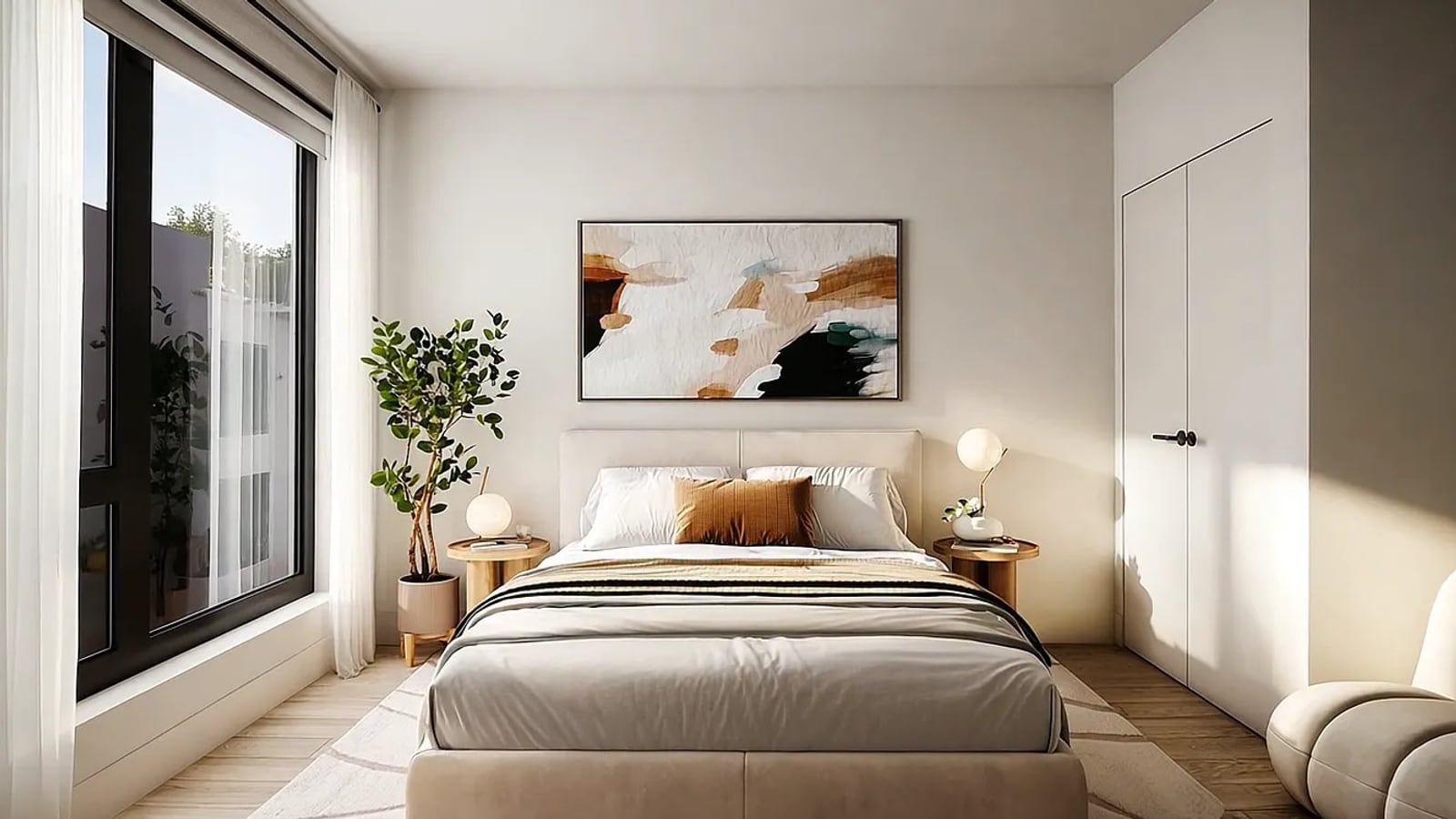 Rendering of a bedroom with a bed against a white wall under an abstract painting, two round side tables with globe lamps, a potted tree, a large black-framed window with white curtains at the left and white double closet doors at the right