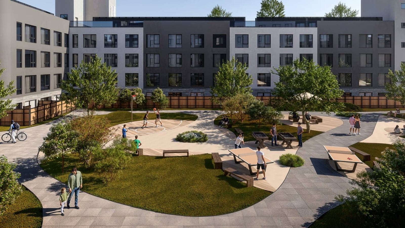 Rendering of a landscaped courtyard with curving paved paths, lawns and trees, a basketball half-court with people playing, two table-tennis tables, foosball tables and benches, a wooden fence and a low apartment building with grey and white panels behind it