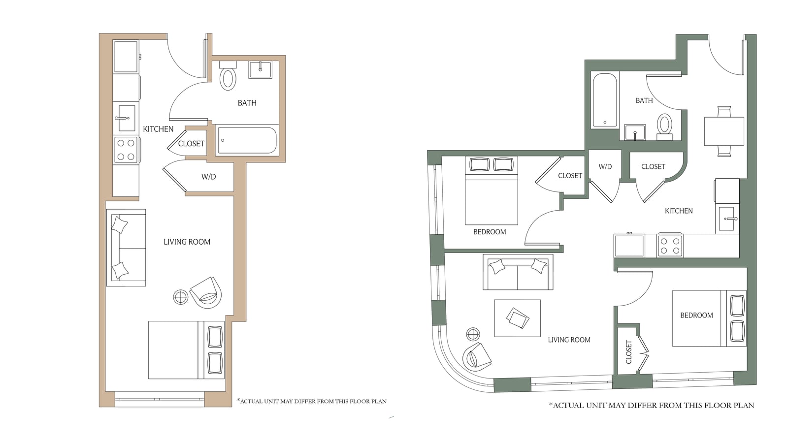 Two floor plans side by side: at left a studio with a kitchen along one wall, a bathroom, a closet marked W/D and one living room with a bed; at right a two-bedroom, one-bath apartment with a kitchen, a closet marked W/D, two bedrooms and a living room with a curved window wall. Each carries the line ACTUAL UNIT MAY DIFFER FROM THIS FLOOR PLAN