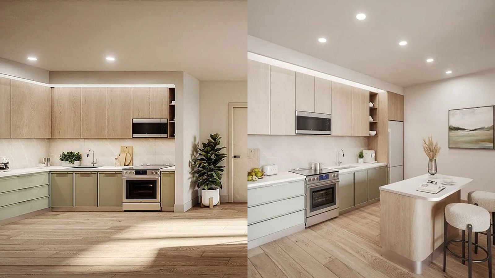 Two renderings side by side of apartment kitchens with pale wood upper cabinets, sage-green lower cabinets, white counters and backsplash, a stainless-steel smooth-top range with a microwave above it and wood-look floors; the kitchen at right has an island with two stools and a tall white refrigerator