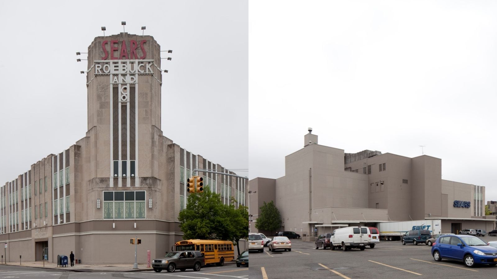 Two photographs side by side of a pale stone department store under a grey sky: at left its corner tower with red SEARS lettering above the words ROEBUCK AND CO, rising over a three-story building with vertical piers, with a school bus and cars at the curb; at right the plain rear of the same building with a blue SEARS sign, a loading dock with a truck trailer, and parked cars on a parking lot in the foreground