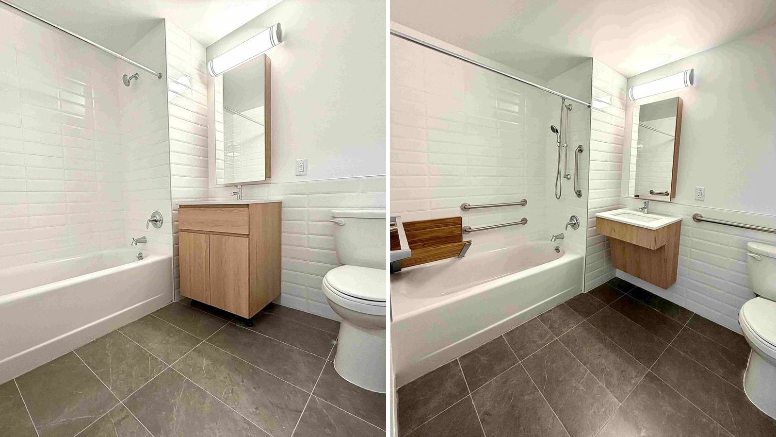 Two photographs side by side of bathrooms with white stacked wall tile and dark grey floor tile. At left, a bathtub with a shower rod, a wood-tone vanity, a mirrored cabinet with a light above it and a toilet. At right, a bathroom with grab bars beside the tub and the toilet, a fold-down wooden shower seat, a hand shower on a rail and a wall-hung sink