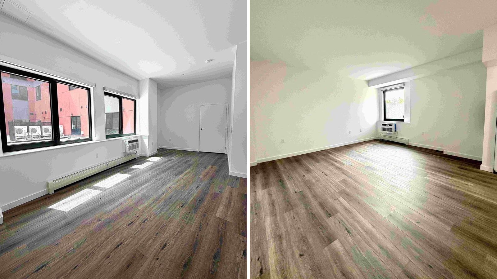 Two photographs side by side of empty rooms with white walls and grey-brown plank flooring. At left, a room with two dark-framed windows looking onto a red and grey wall and rooftop equipment, an air conditioner set in the wall below the window and a baseboard unit. At right, a larger room with one window, an air conditioner below it and a baseboard unit