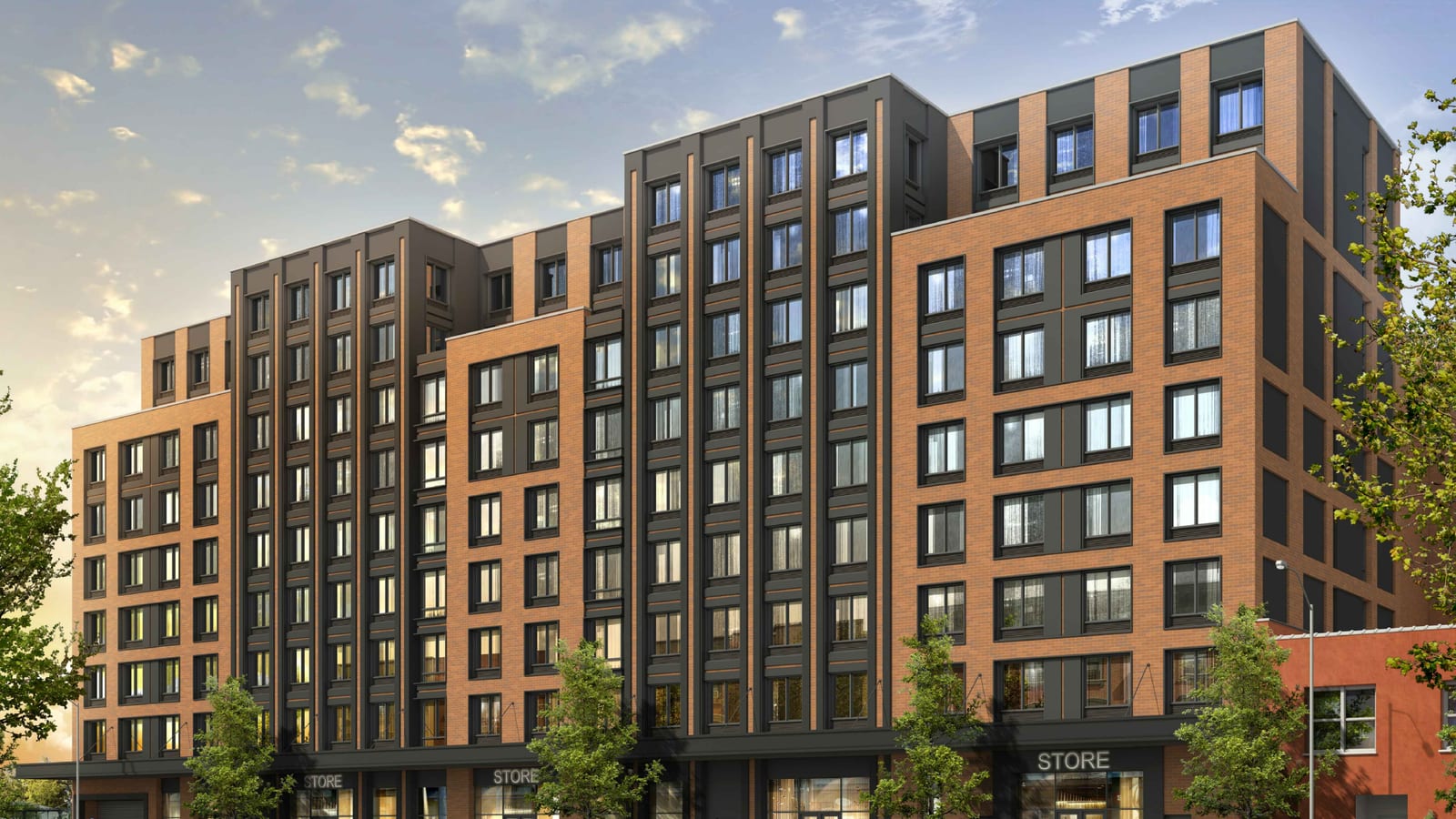 Rendering of a nine-story apartment building in orange-red brick with dark grey panels and vertical window bays, stepped back at the top floors, with shopfronts marked STORE along the ground floor and street trees in front