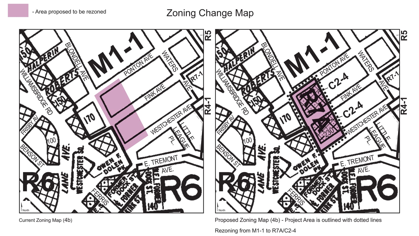 Two black and white zoning maps side by side under the title Zoning Change Map: at left the current map, with two blocks on the east side of Blondell Avenue between Ponton Avenue and Westchester Avenue shaded pink inside an M1-1 district; at right the proposed map, with the same area outlined in dots and labelled R7A and C2-4. Fink Avenue, Waters Avenue, East Tremont Avenue, Williamsbridge Road and Owen F. Dolen Park are marked