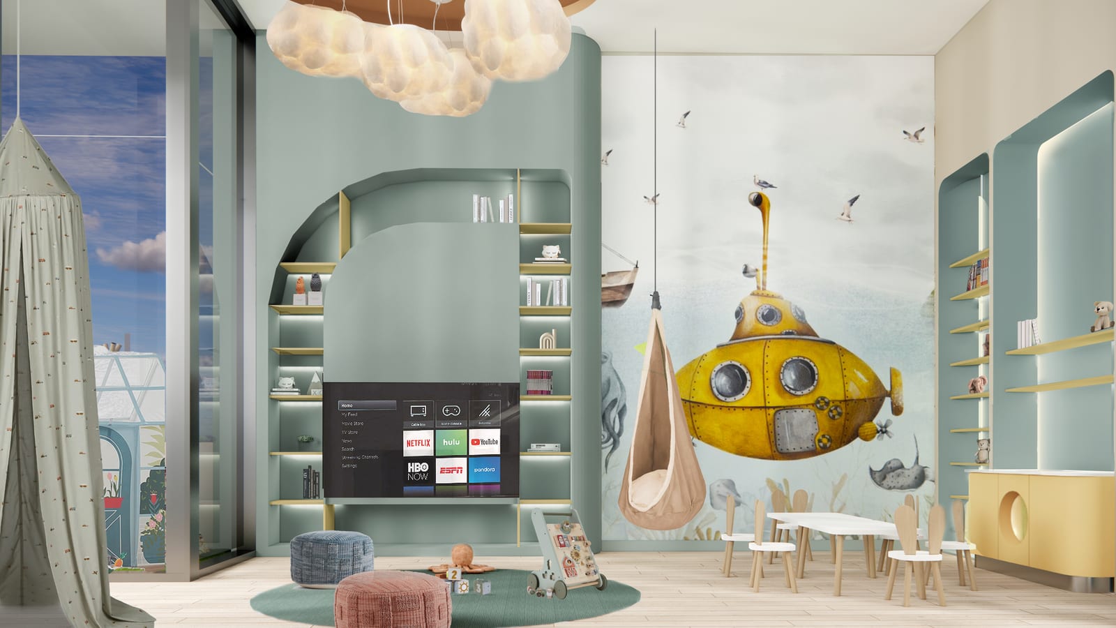 Rendering of a children's playroom with sage-green built-in shelves around a television showing streaming logos, a wall mural of a yellow submarine with seagulls, a hanging pod chair, a small white table with child-sized chairs, floor cushions, toys, cloud-shaped ceiling lights and a play tent at the left
