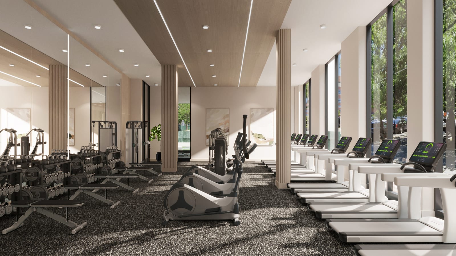 Rendering of a gym with a row of white treadmills along floor-to-ceiling windows at the right, elliptical machines in the middle, racks of dumbbells and weight benches at the left, wood-clad columns, a wood ceiling with strip lights and a dark speckled floor