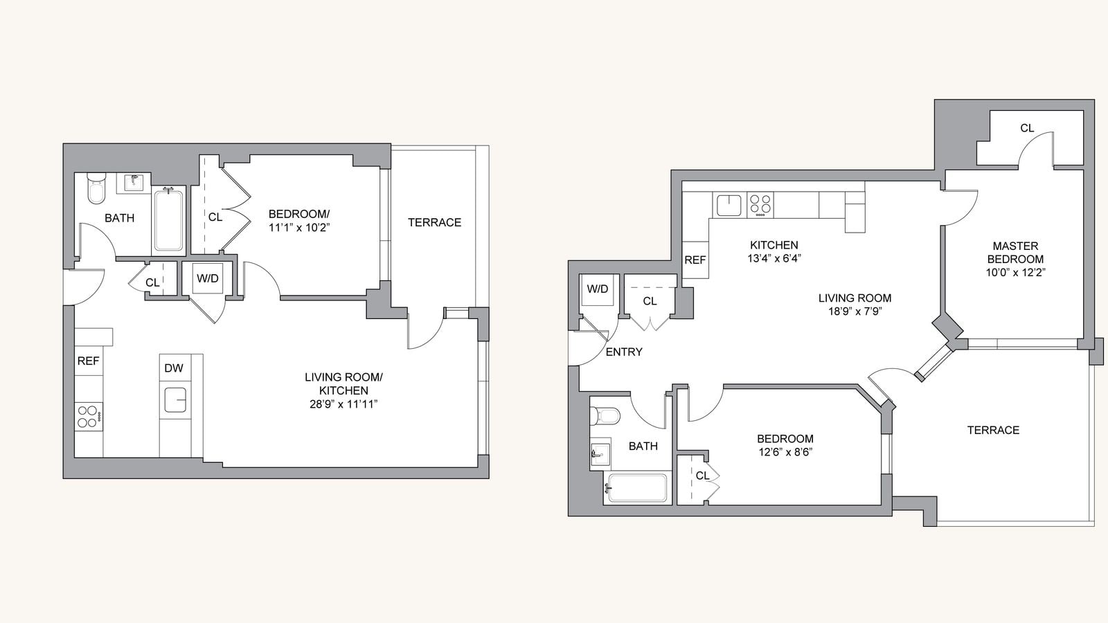 Two apartment floor plans side by side on a cream background: at left a one-bedroom with a bathroom, closets, a closet marked W/D, a kitchen counter with REF and DW marked, a living room and kitchen measuring 28'9" x 11'11", a bedroom measuring 11'1" x 10'2" and a terrace; at right a two-bedroom with an entry, a closet marked W/D, a kitchen, a living room, a bathroom, a bedroom, a master bedroom with a walk-in closet and a corner terrace